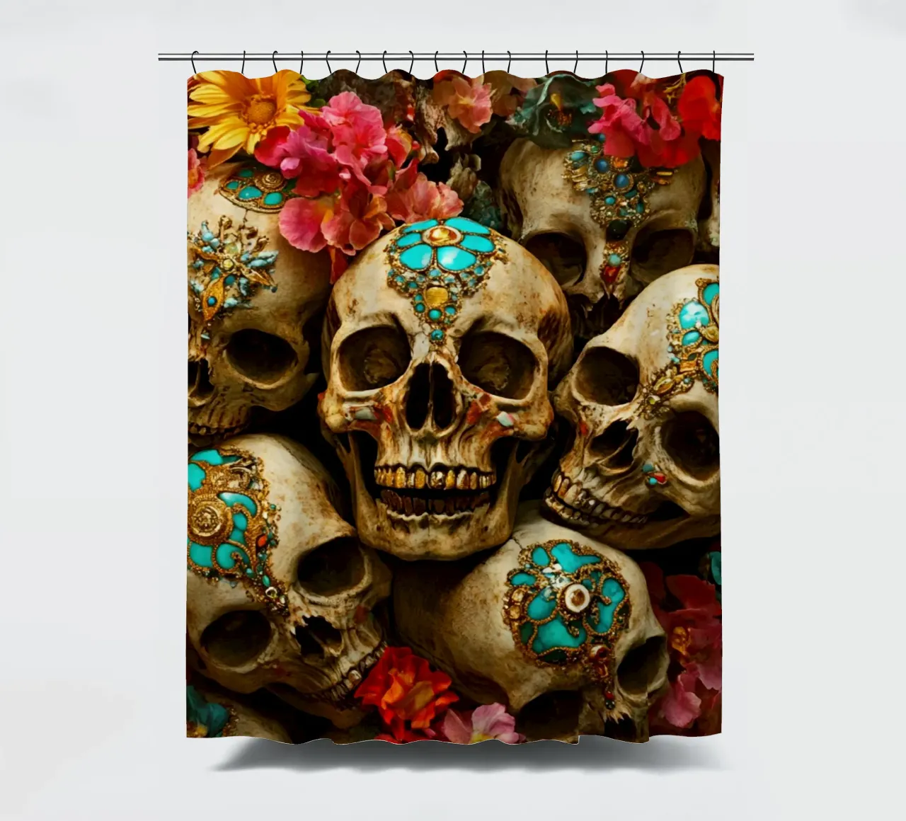 Vergoldete Totenköpfe mit Blumen Duschvorhang von Modern Muse