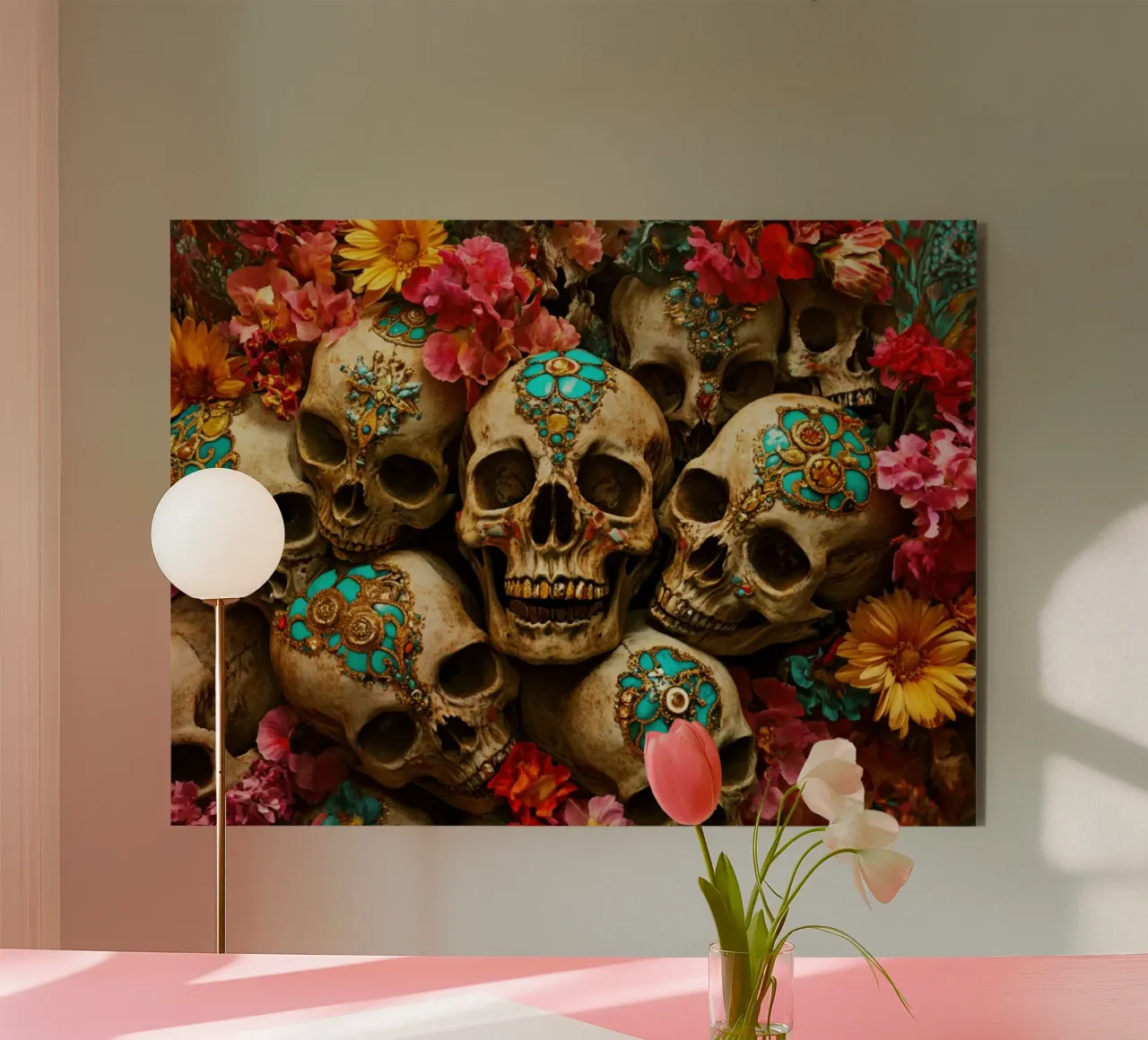 Teschi dorati con fiori alluminio dibond da Modern Muse