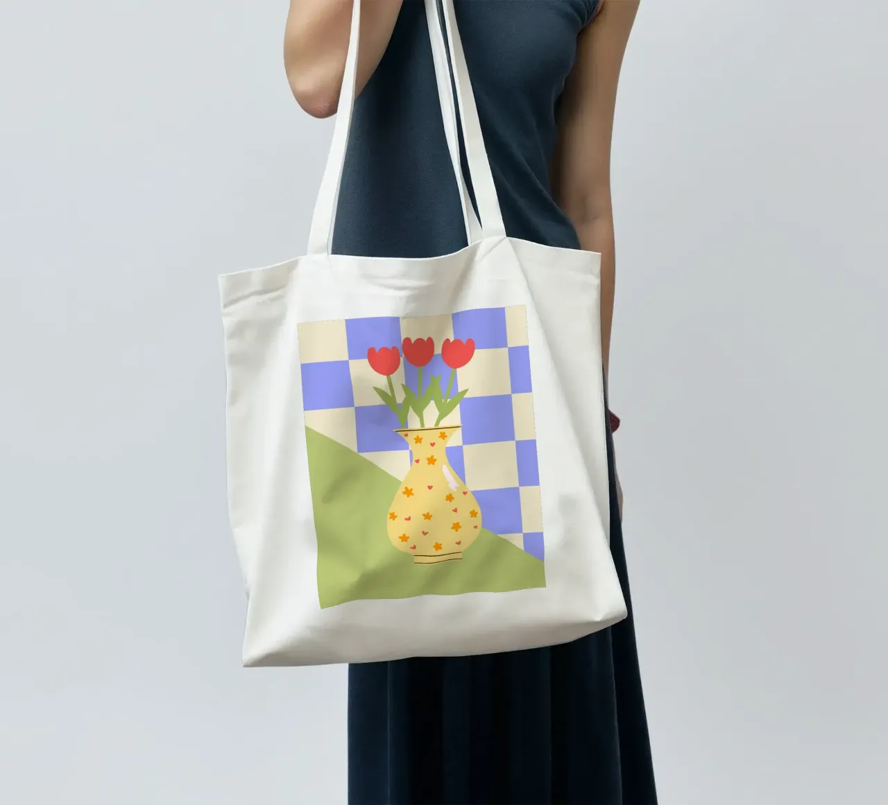 "Checkered Flowers" – Abstract Vase Print borsa in juta da PrintCessStudio