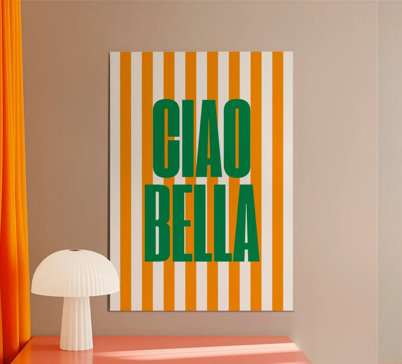 "Ciao Bella" – Bold and Bright Stripe Print poster con telaio in legno da PrintCessStudio