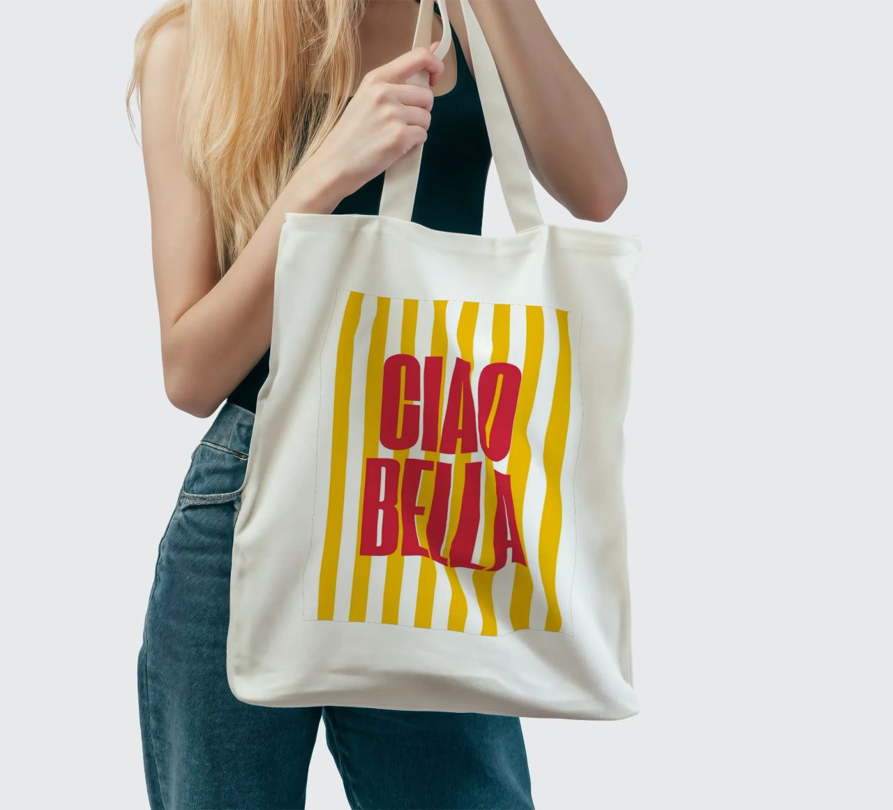 "Ciao Bella" – Vibrant Stripe Statement Print borsa in juta da PrintCessStudio