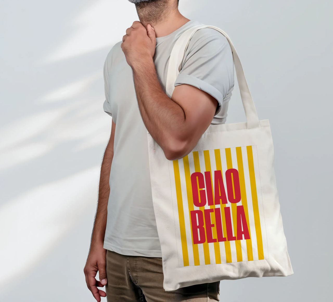 "Ciao Bella" – Vibrant Stripe Statement Print borsa in juta da PrintCessStudio