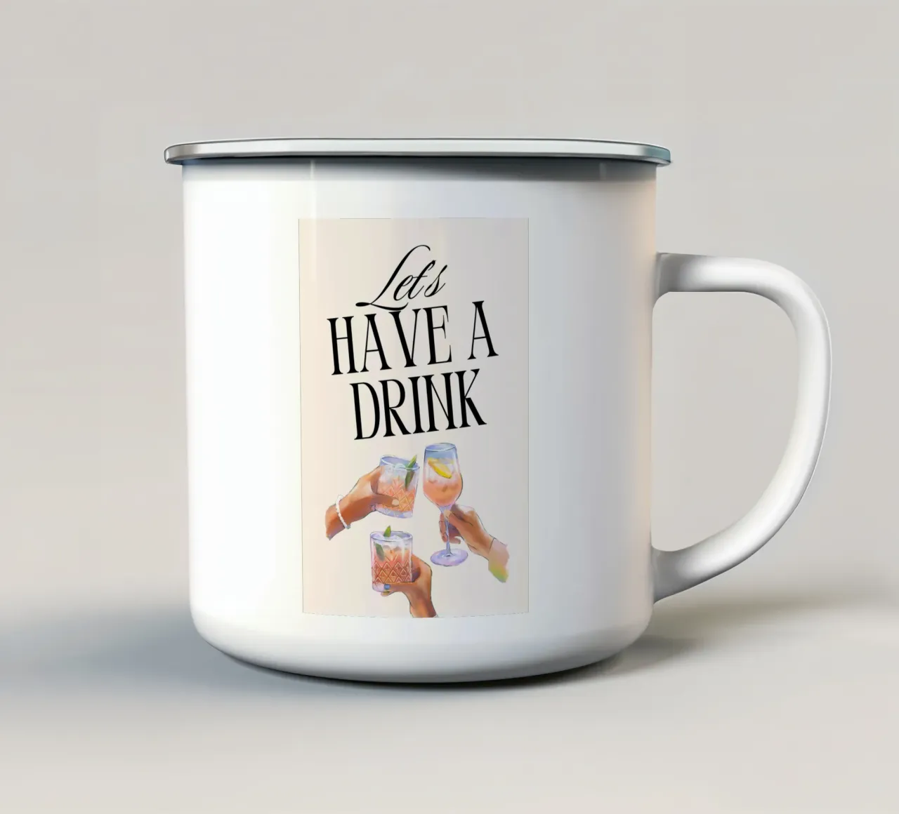 "Let's Have a Drink" – Retro Cheers Print with Clinking Glas enamel mug by PrintCessStudio