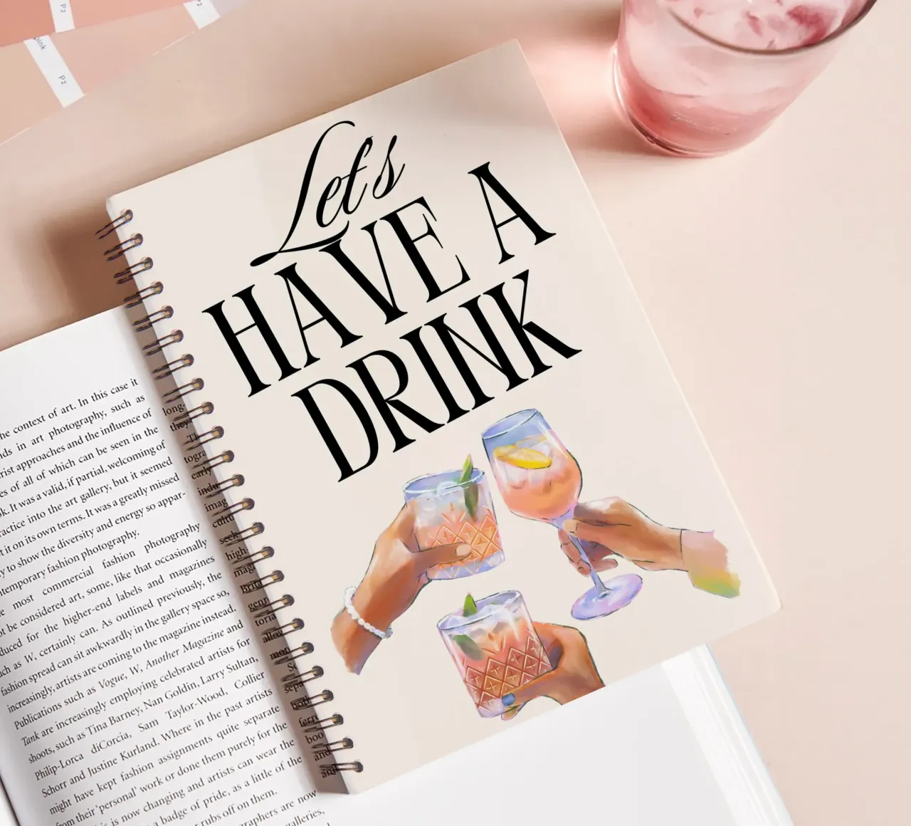 "Let's Have a Drink" – Retro Cheers Print with Clinking Glas spiral notebook by PrintCessStudio