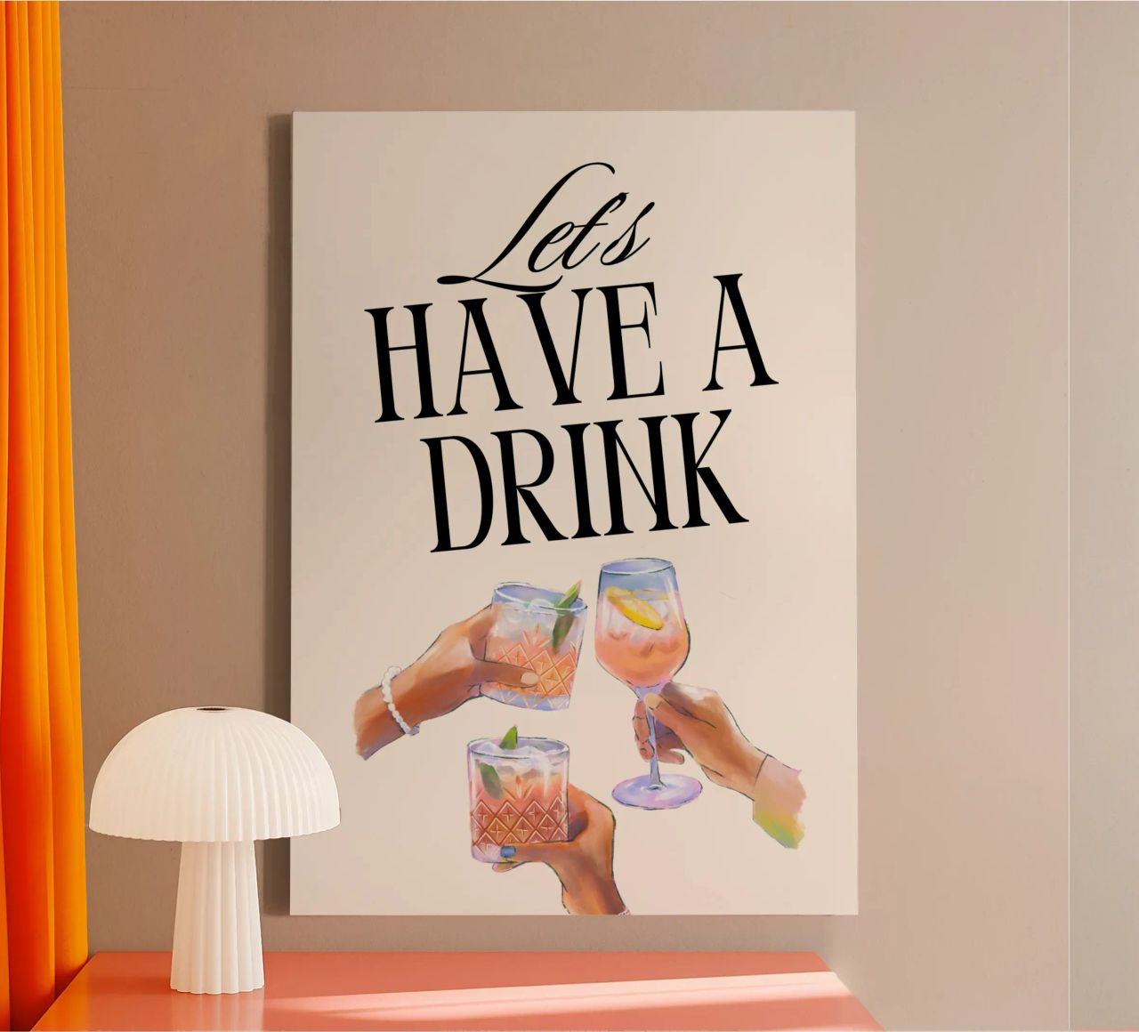 "Let's Have a Drink" – Retro Cheers Print with Clinking Glas tela da PrintCessStudio