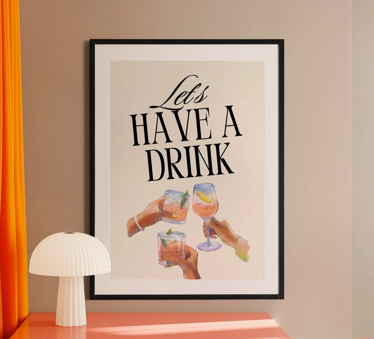 "Let's Have a Drink" – Retro Cheers Print with Clinking Glas hahnemühle de PrintCessStudio