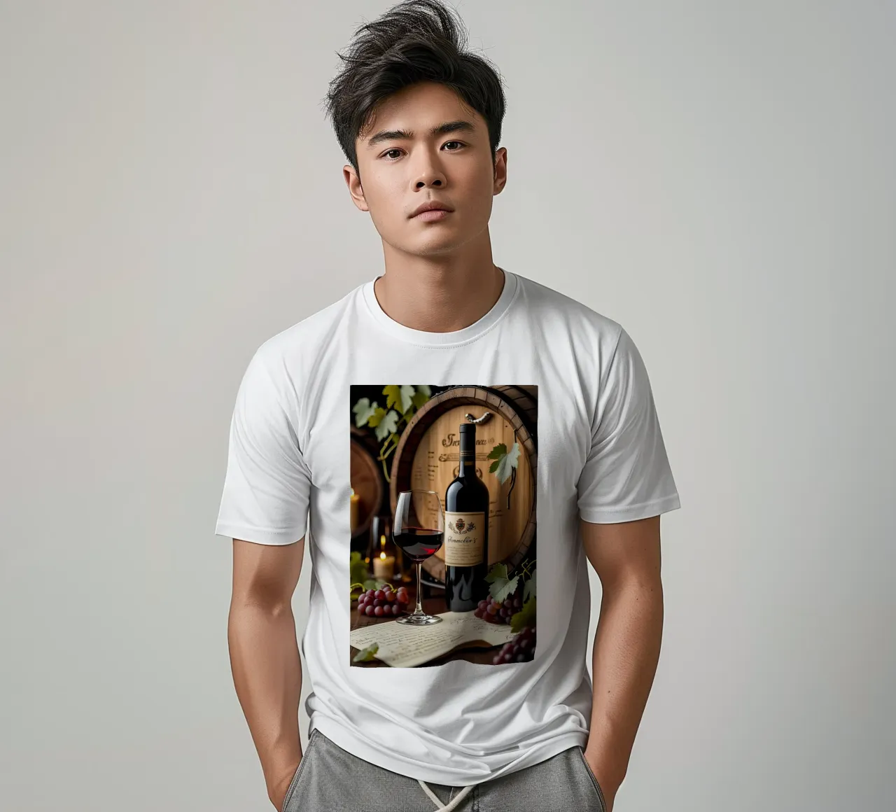 Natura morta bottiglia di vino con uva t-shirt da ARTVI-SHOP