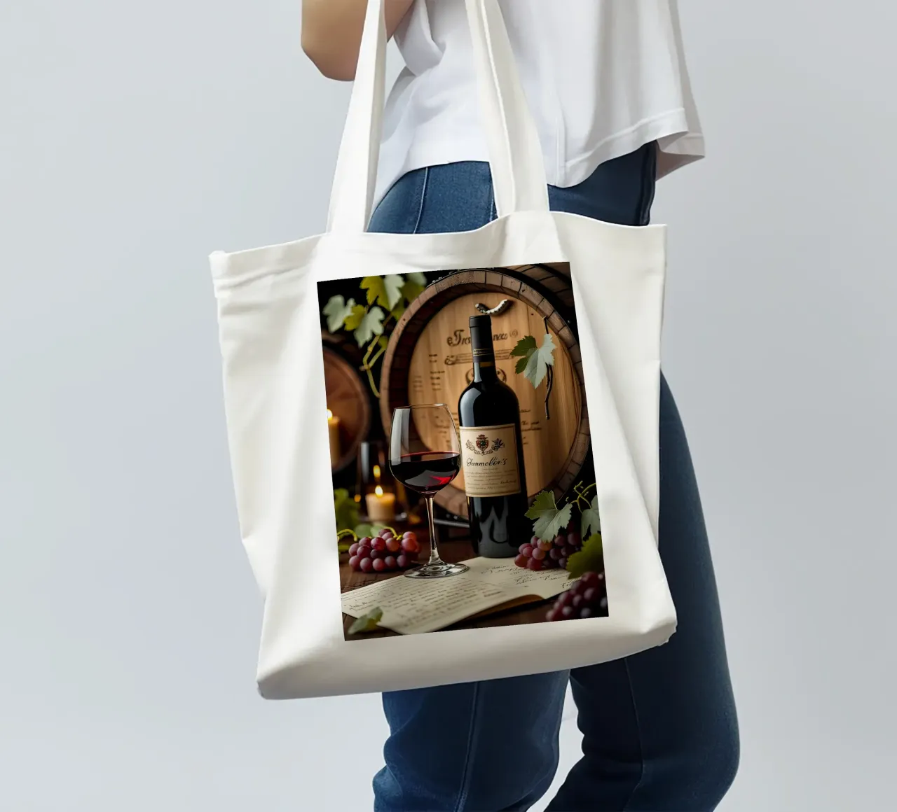 Natura morta bottiglia di vino con uva borsa in juta da ARTVI-SHOP