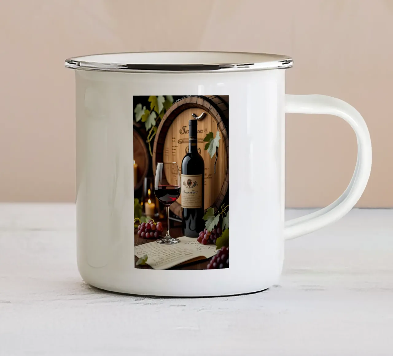 Natura morta bottiglia di vino con uva tazza in smalto da ARTVI-SHOP