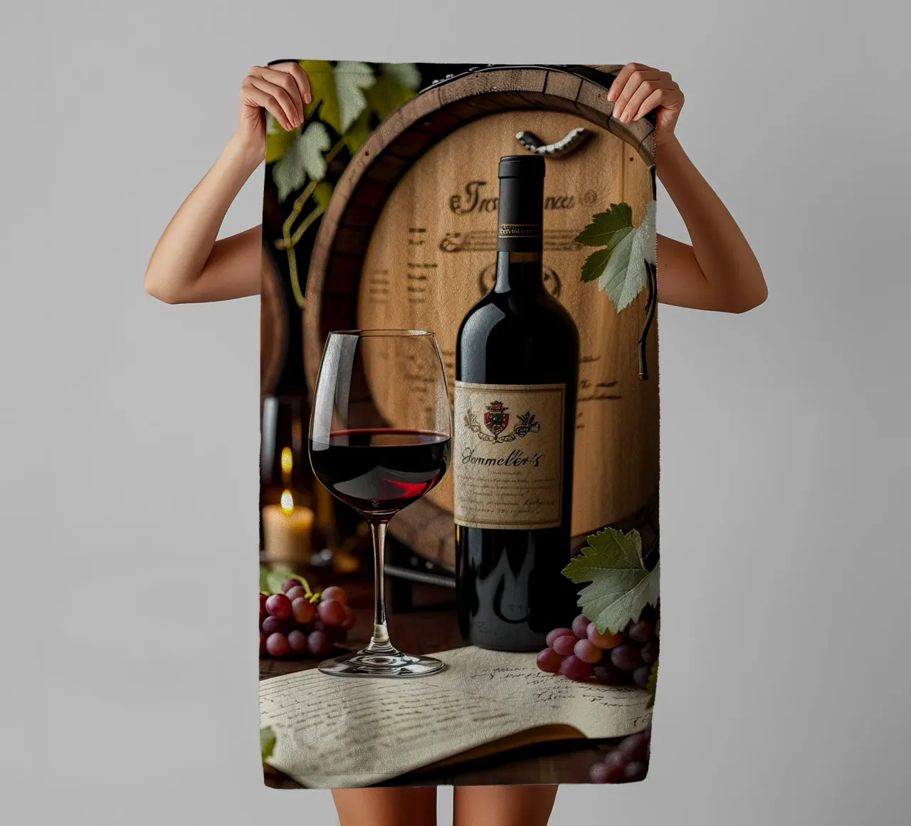 Natura morta bottiglia di vino con uva asciugamano da bagno da ARTVI-SHOP