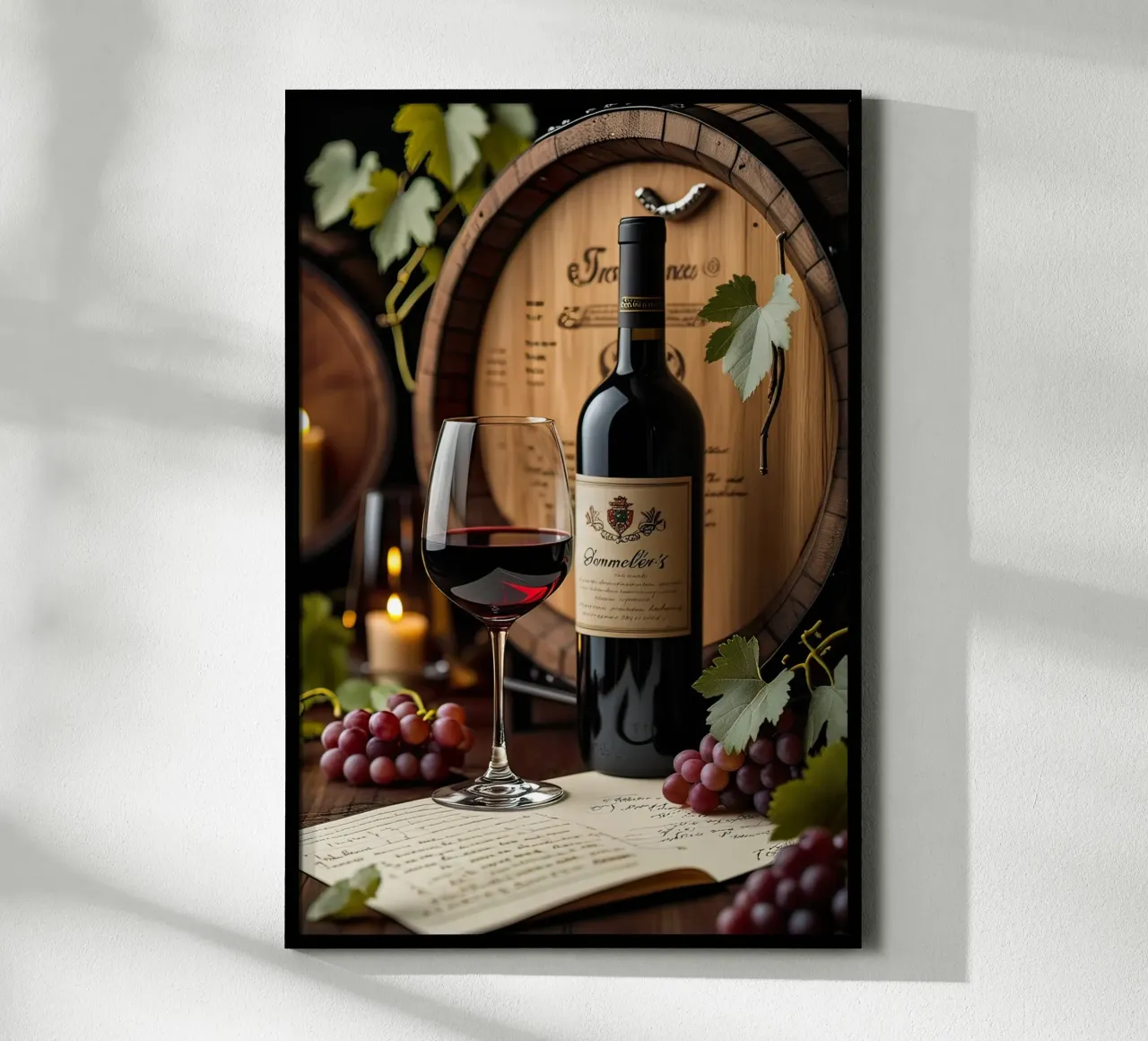 Natura morta bottiglia di vino con uva carta hahnemühle da ARTVI-SHOP