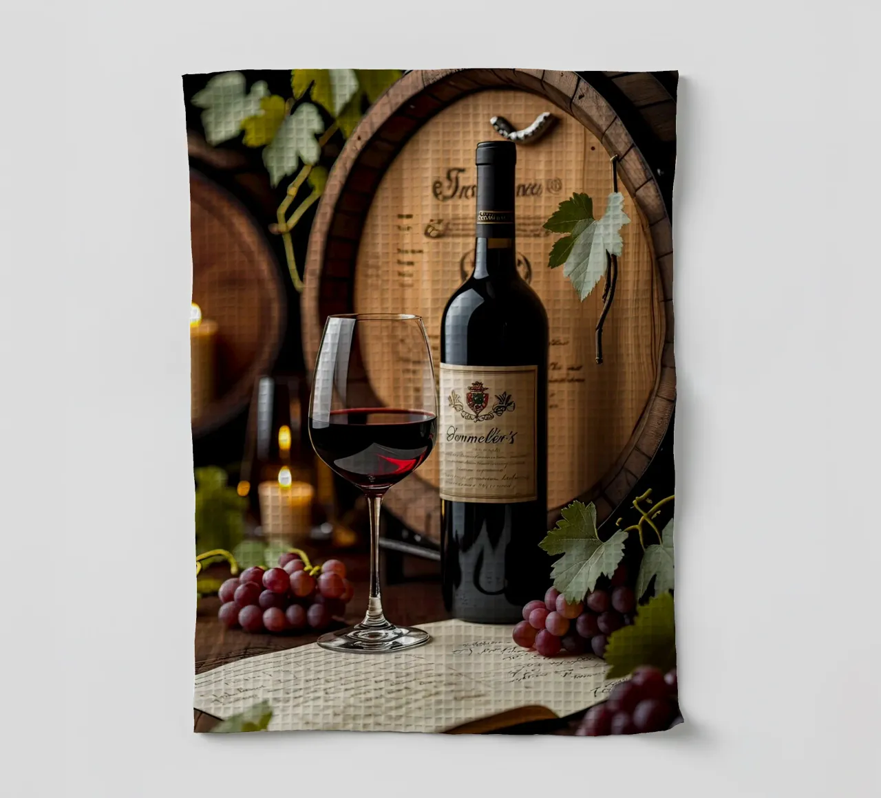 Natura morta bottiglia di vino con uva canovaccio da cucina da ARTVI-SHOP