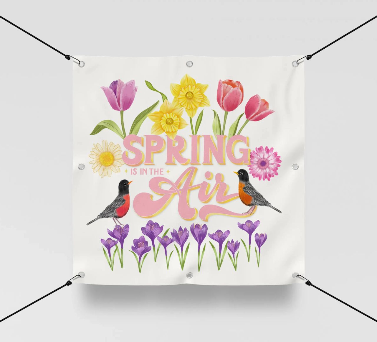 Le printemps est dans l'air. Les messagers du printemps. Typo, fleurs et oiseaux bâche pvc de CalliLetters