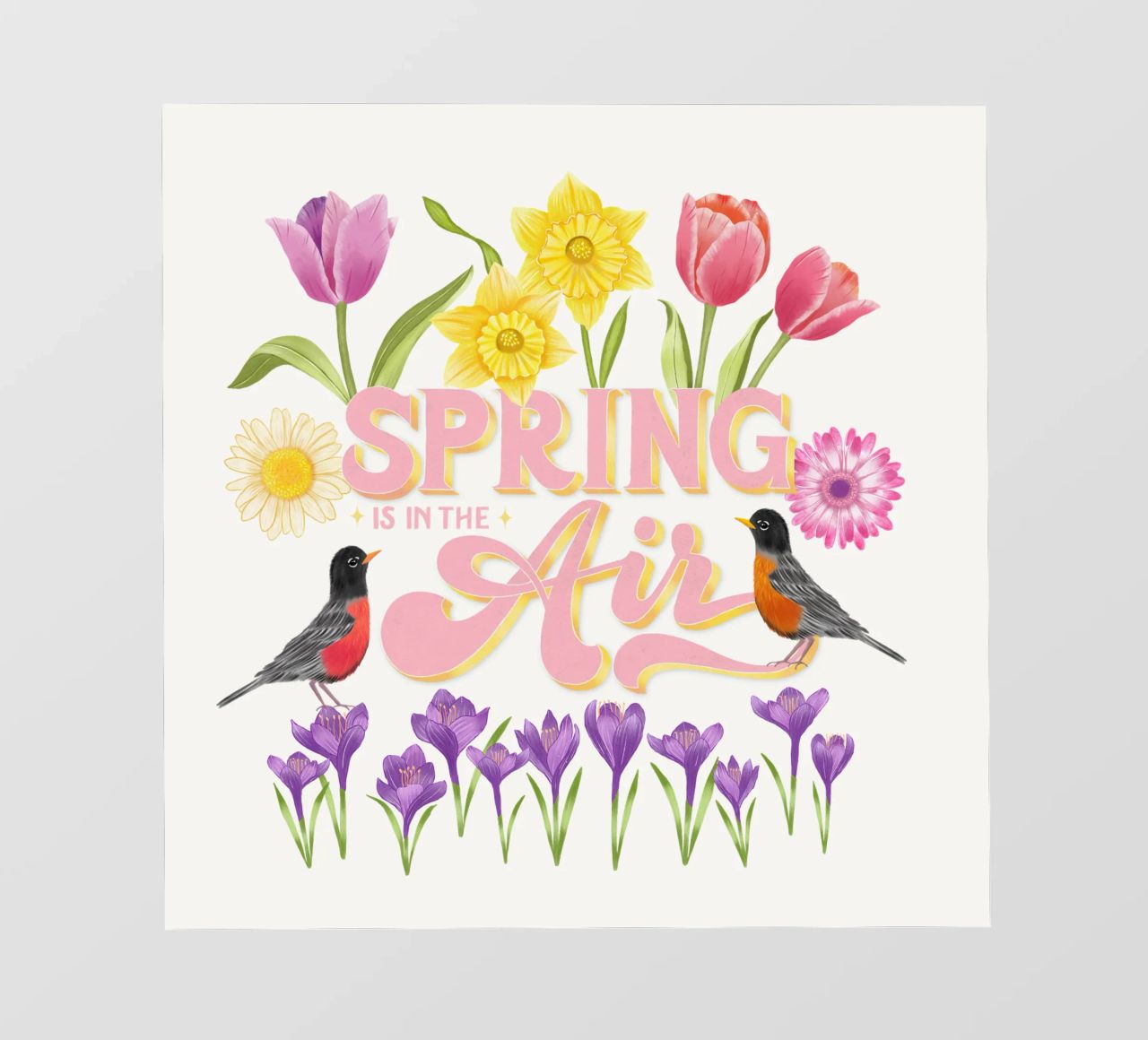 Le printemps est dans l'air. Les messagers du printemps. Typo, fleurs et oiseaux bâche pvc de CalliLetters