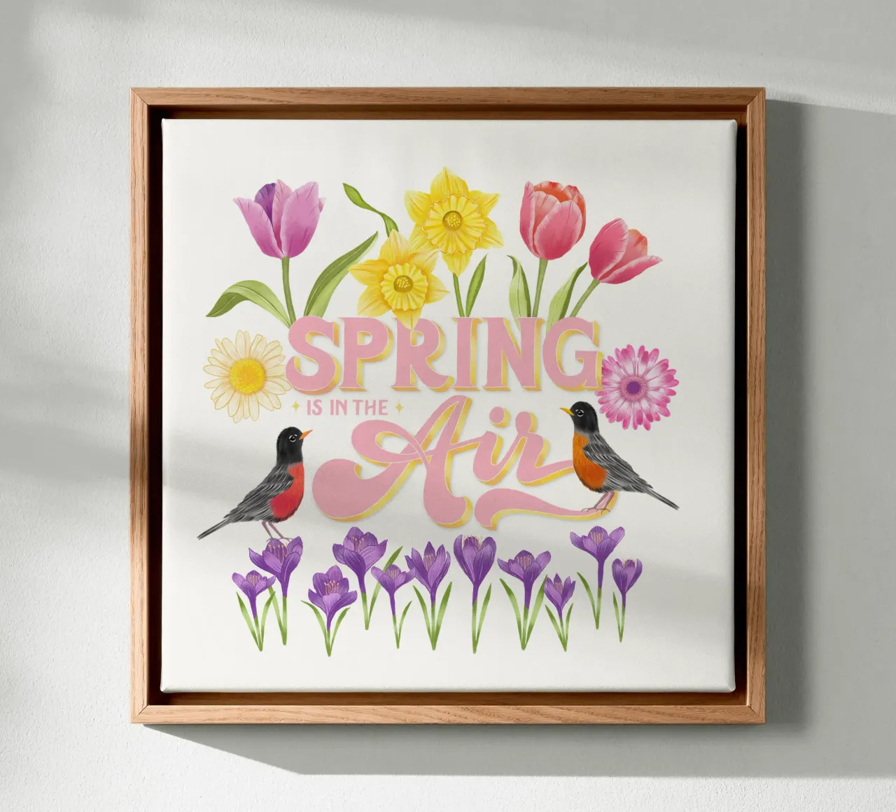 Spring Is In The Air. Frühlingsboten. Typo, Blumen und Vögel Leinwand mit Schattenfugenrahmen von CalliLetters