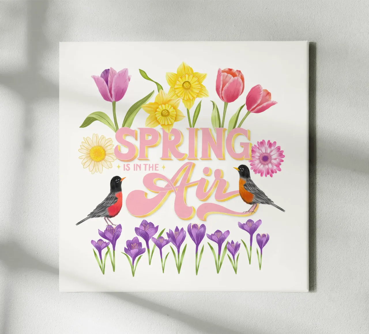 Spring Is In The Air. Frühlingsboten. Typo, Blumen und Vögel Leinwand mit Schattenfugenrahmen von CalliLetters