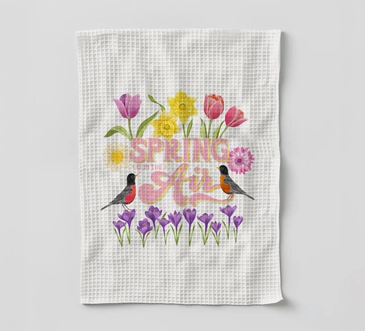 La primavera è nell'aria. Araldi della primavera. Tipografia, fiori e uccelli canovaccio da cucina da CalliLetters
