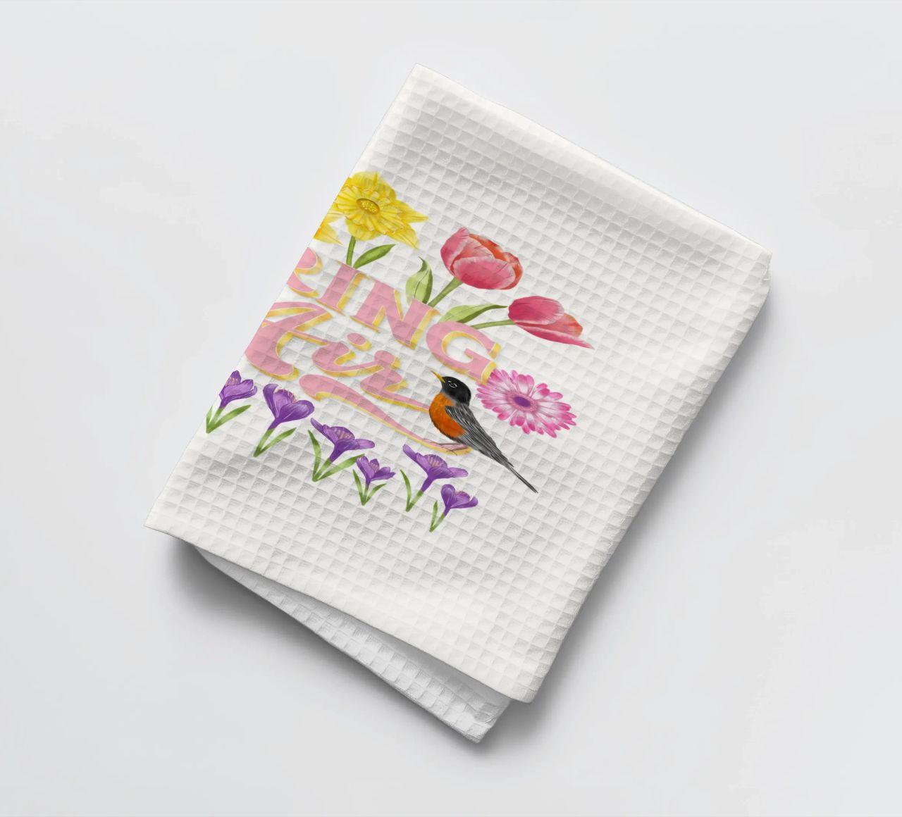 Le printemps est dans l'air. Les messagers du printemps. Typo, fleurs et oiseaux torchon de CalliLetters