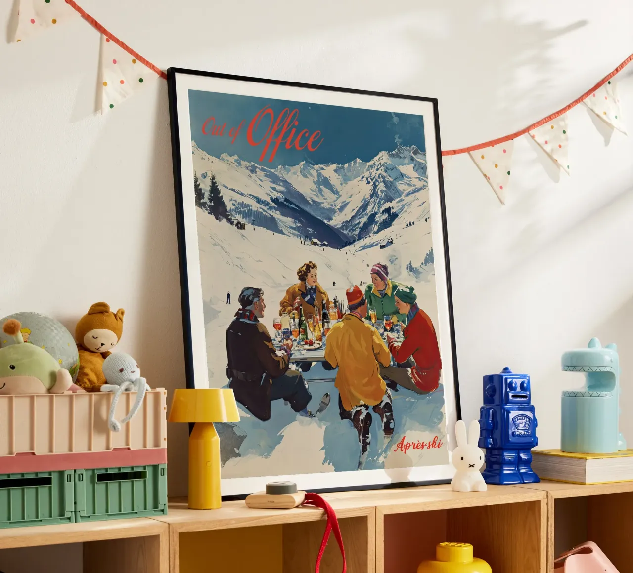 Fuori ufficio, Retro Apre Ski, Pista vintage, amici poster con telaio in legno da Peaches Art Prints