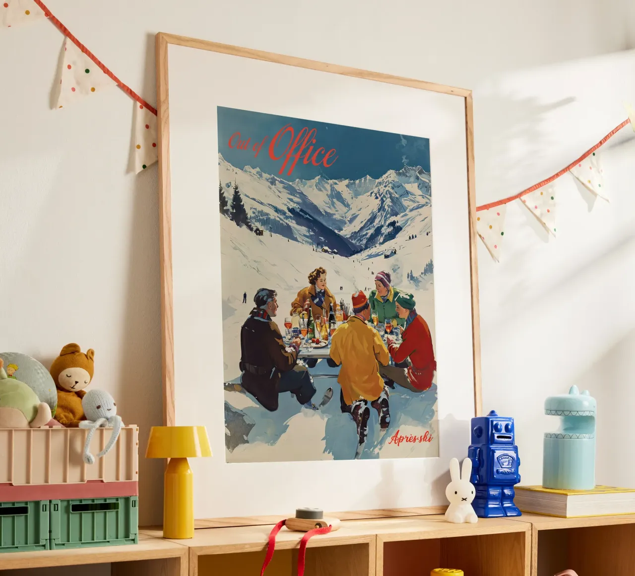 Fuori ufficio, Retro Apre Ski, Pista vintage, amici poster con telaio in legno da Peaches Art Prints