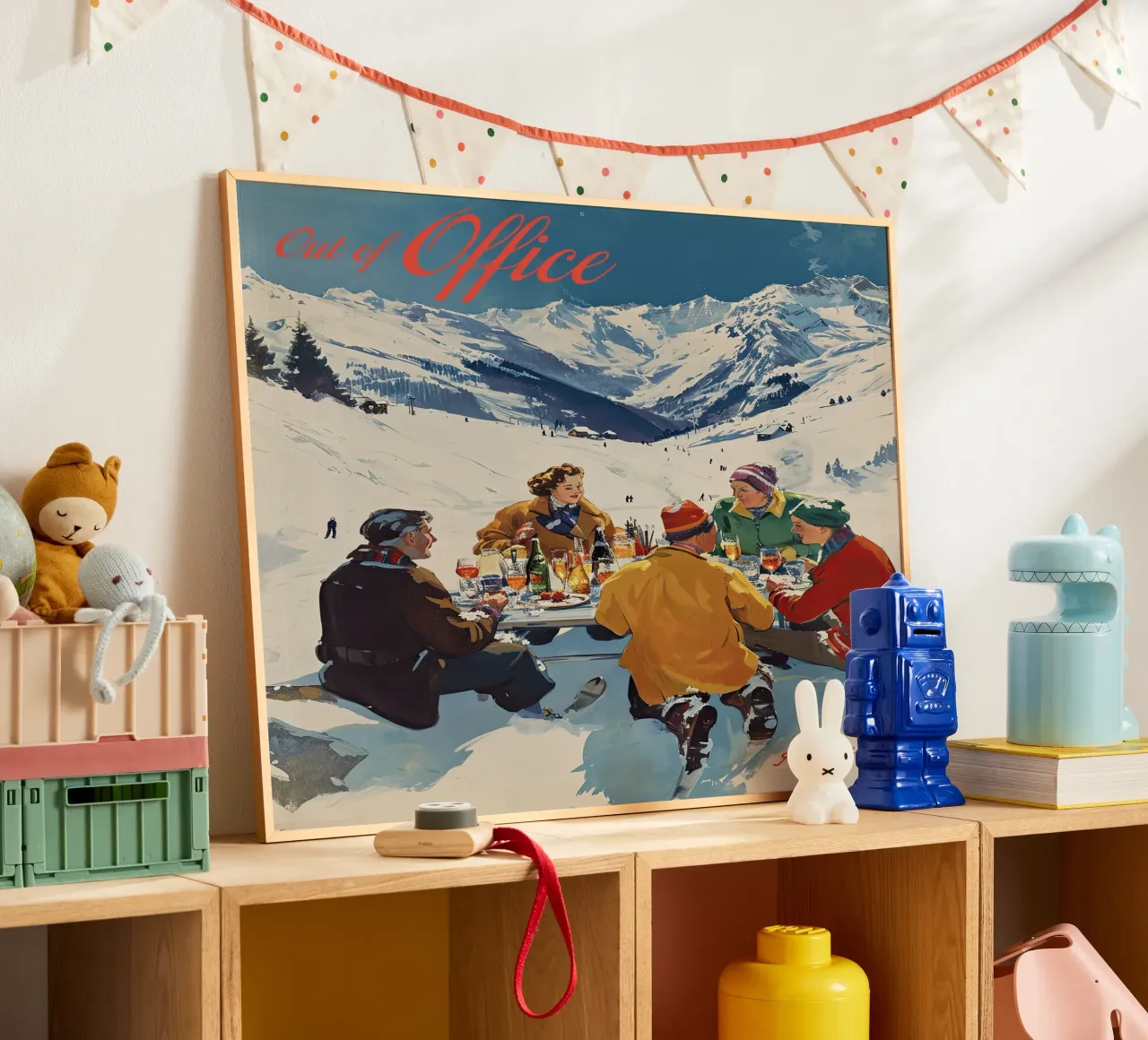 Fuori ufficio, Retro Apre Ski, Pista vintage, amici poster con telaio in legno da Peaches Art Prints