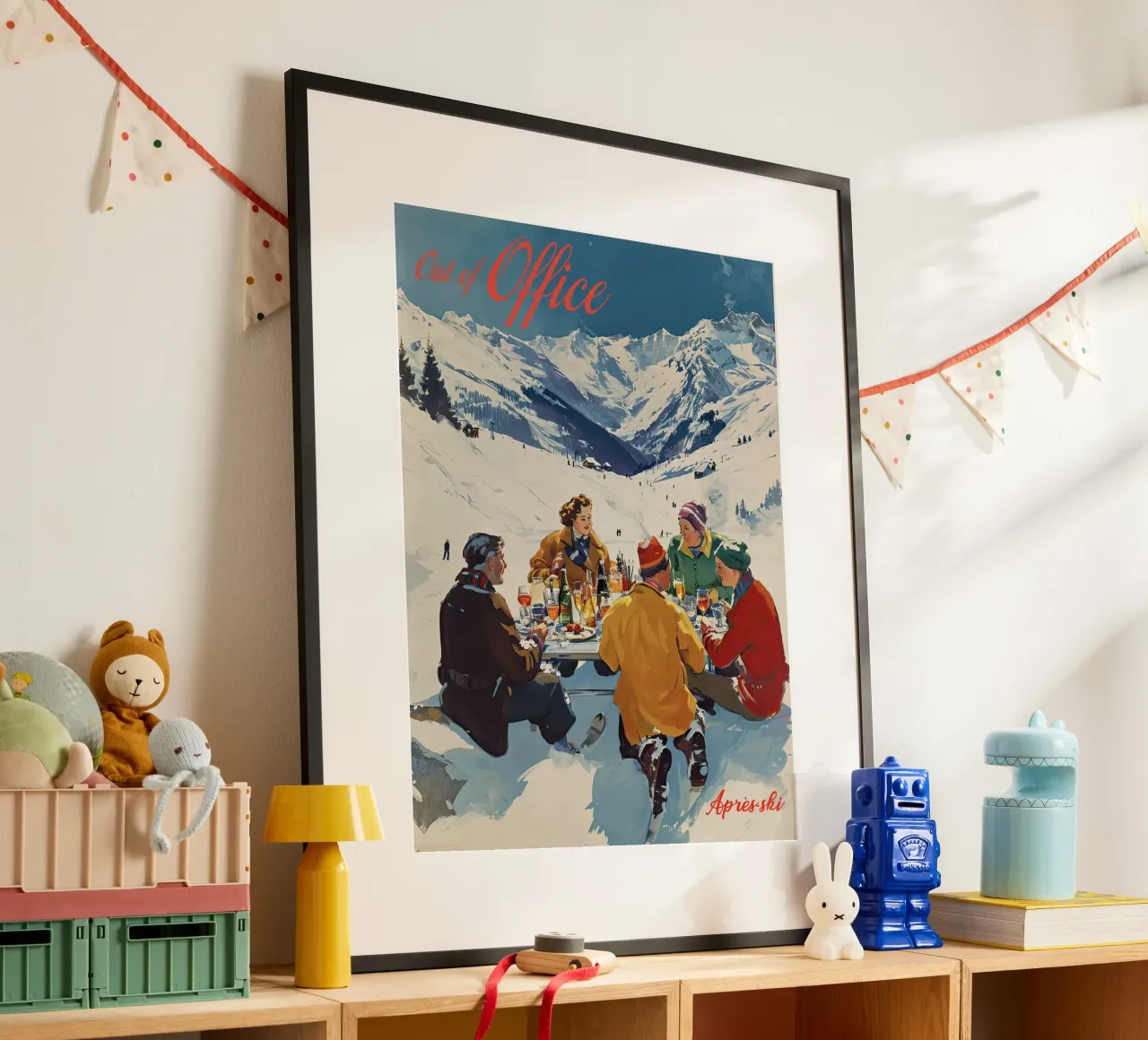 Fuori ufficio, Retro Apre Ski, Pista vintage, amici poster con telaio in legno da Peaches Art Prints