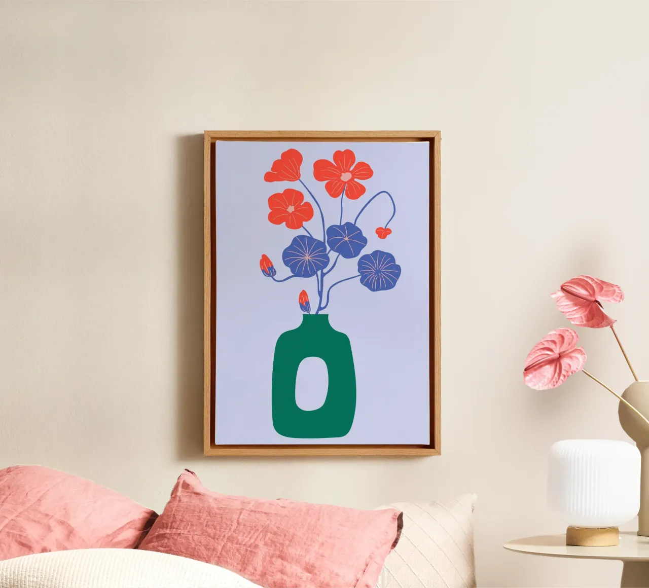 Abstracte vaas bloemsierkunst, Blauw en rood canvas van pdigitalprints