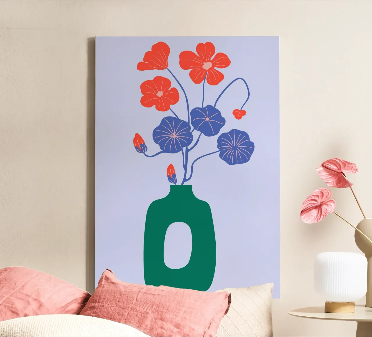 Abstracte vaas bloemsierkunst, Blauw en rood canvas van pdigitalprints