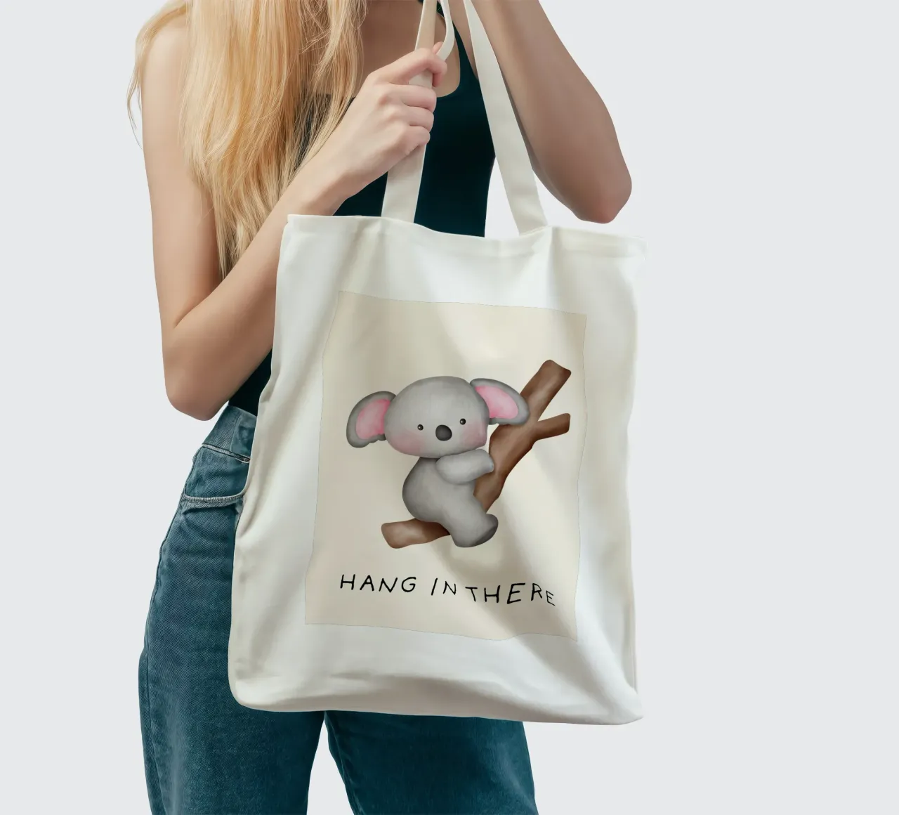 "Hang in There" – Motivational Koala Print borsa in juta da PrintCessStudio