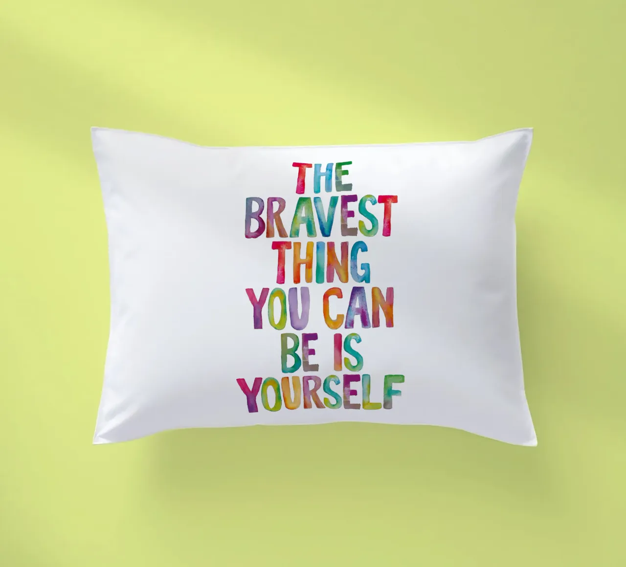 The Bravest Thing You Can Be is Yourself Rainbow Typography decorative cushion by THE MOTIVATED TYPE
