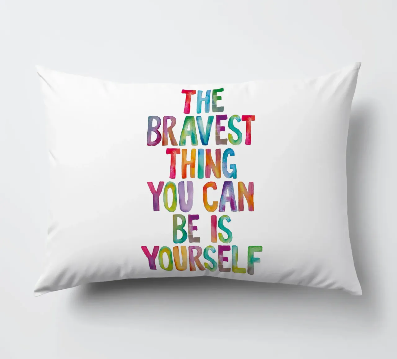 The Bravest Thing You Can Be is Yourself Rainbow Typography decorative cushion by THE MOTIVATED TYPE