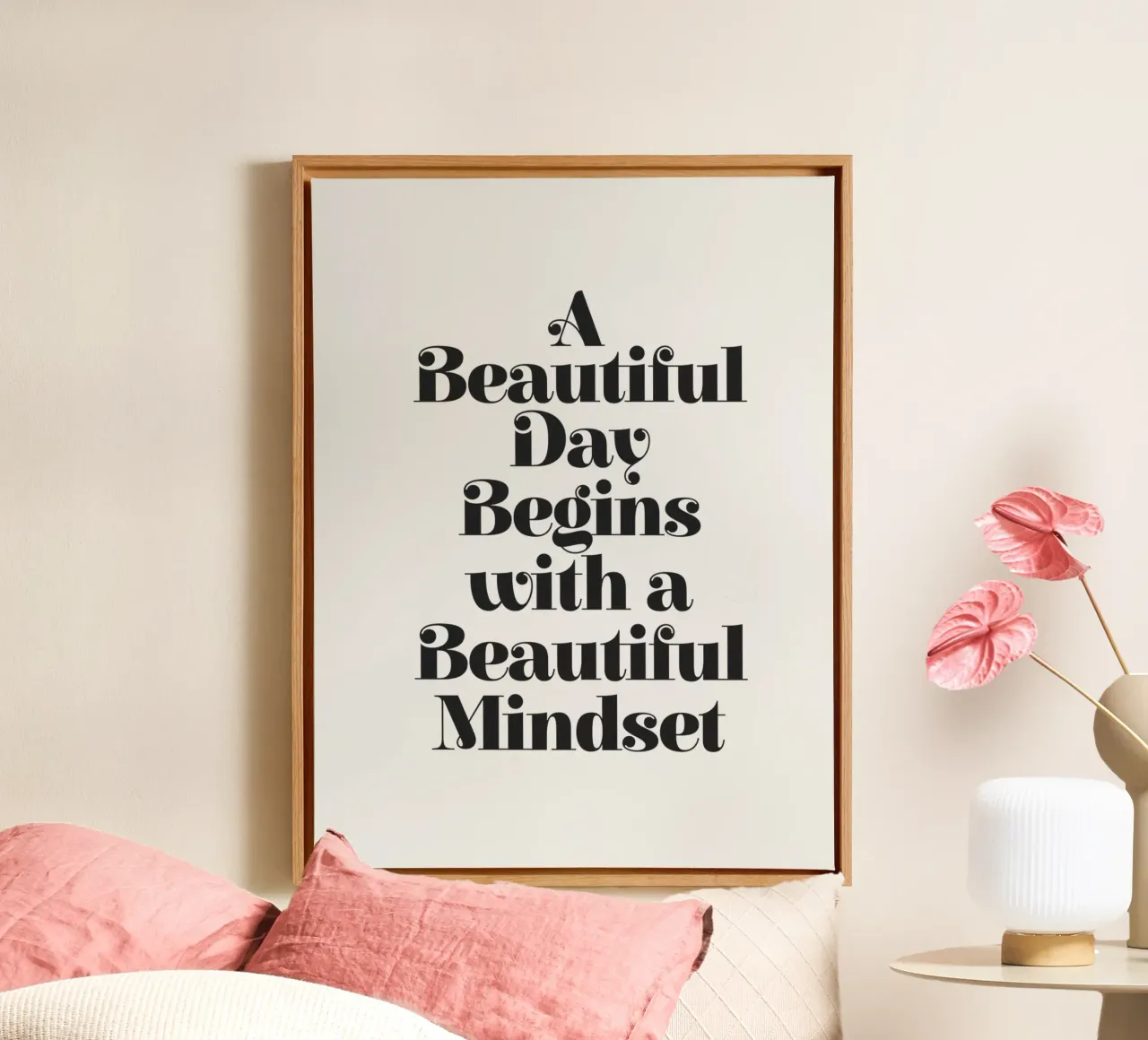 A Beautiful Day Begins With a Beautiful Mindset Typography canvas with Floater frame by THE MOTIVATED TYPE