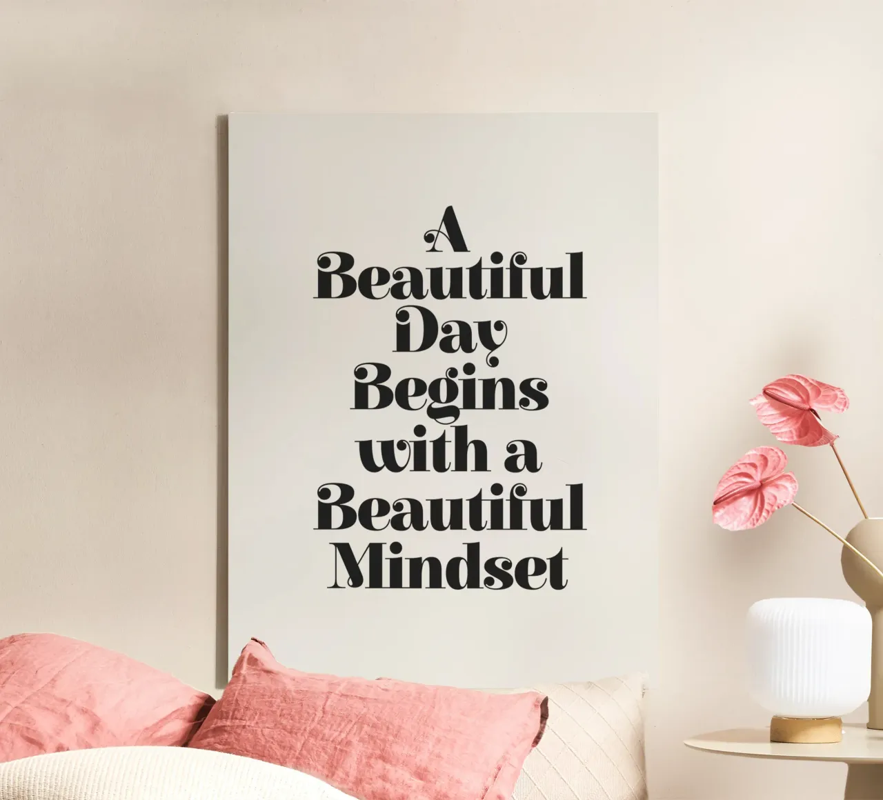 A Beautiful Day Begins With a Beautiful Mindset Typography canvas with Floater frame by THE MOTIVATED TYPE