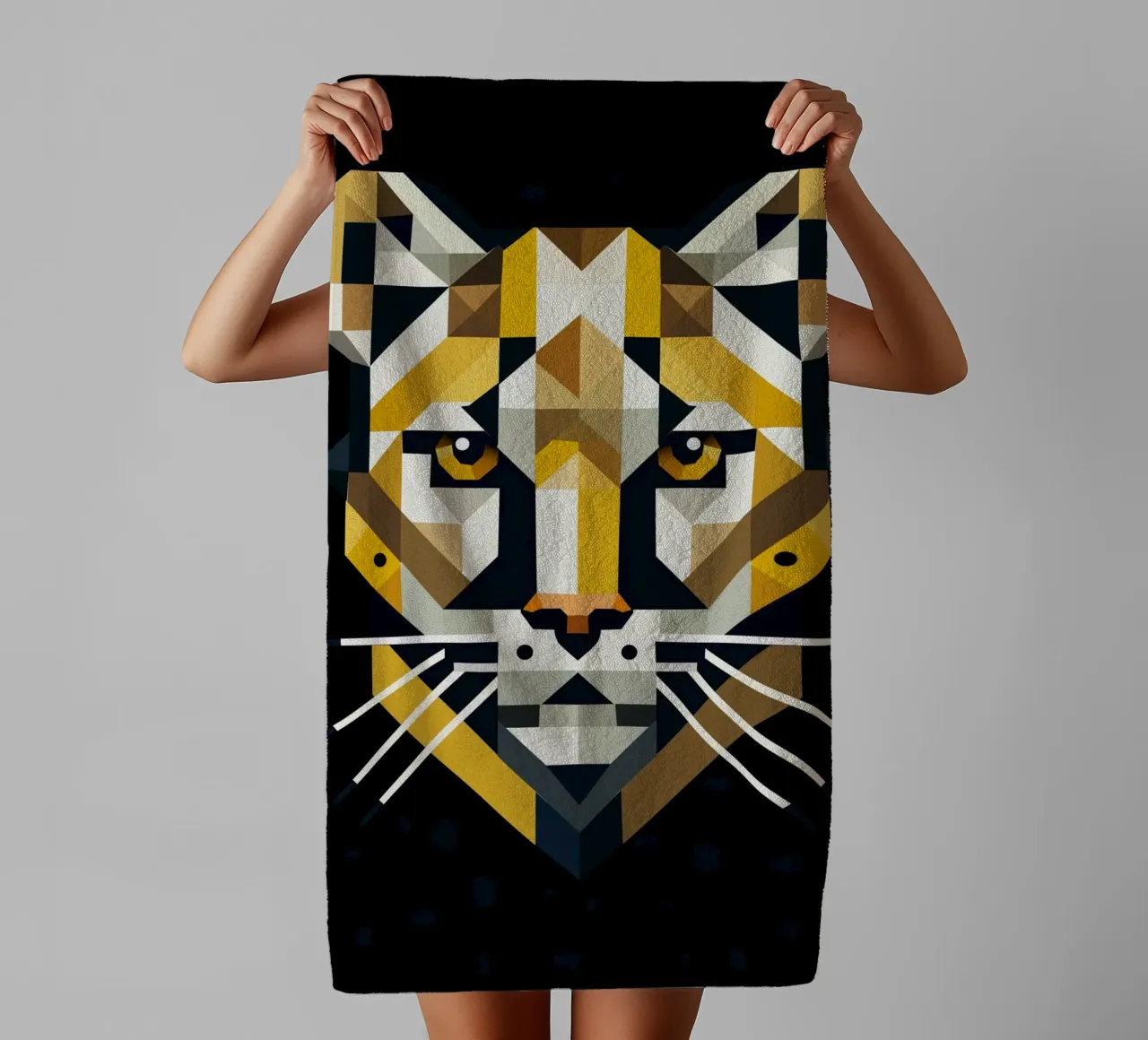 Geometric elegance - cat of prey in abstract form towel by namosh