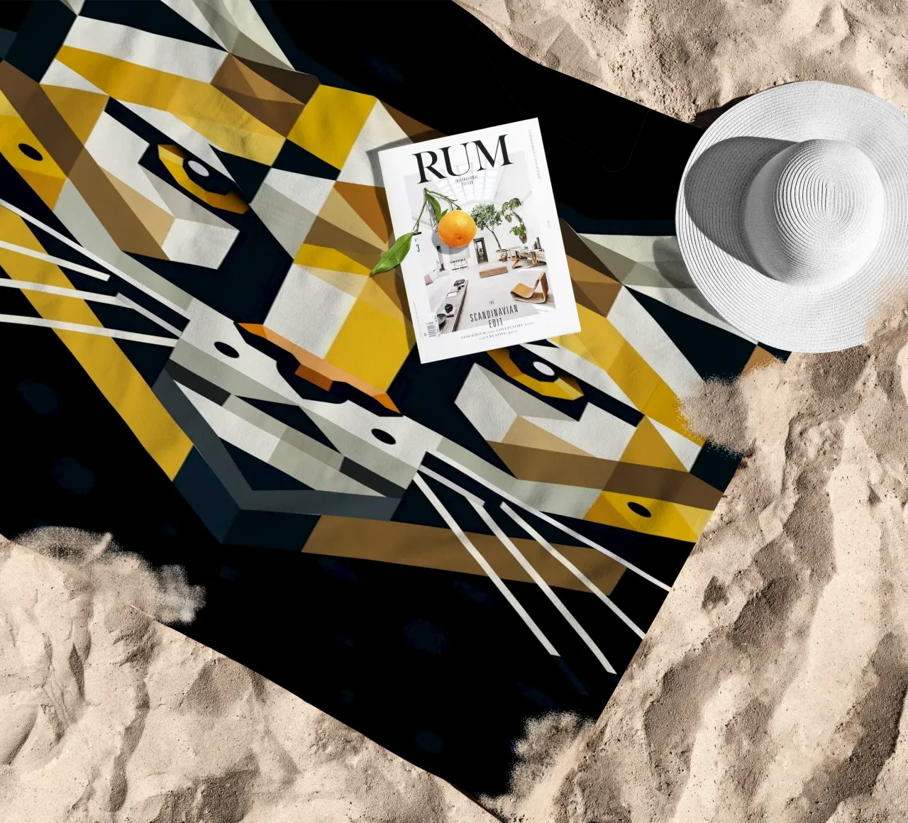 Geometric elegance - cat of prey in abstract form beach towel by namosh