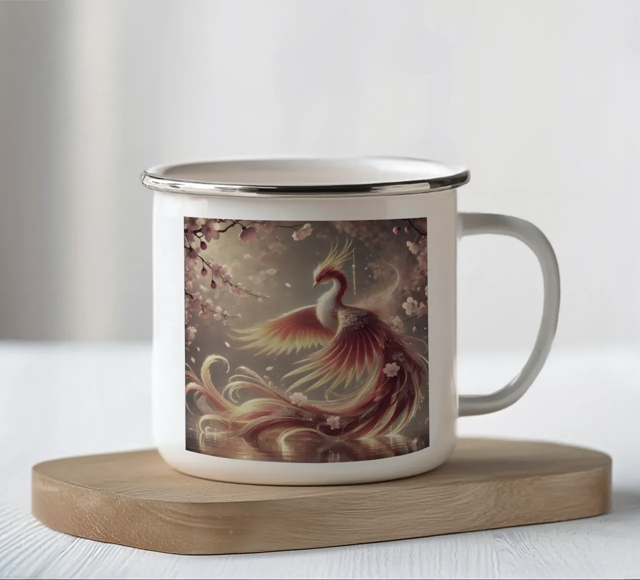 Elegante fenice, racchiusa in piume dai colori pastello tazza in smalto da scHio