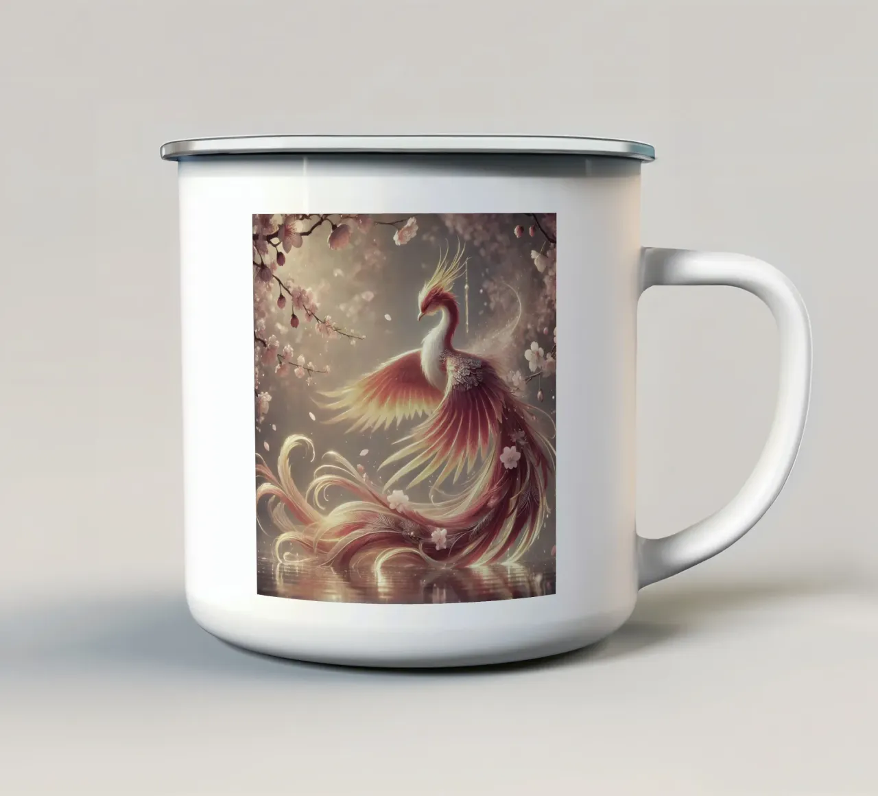 Elegante fenice, racchiusa in piume dai colori pastello tazza in smalto da scHio