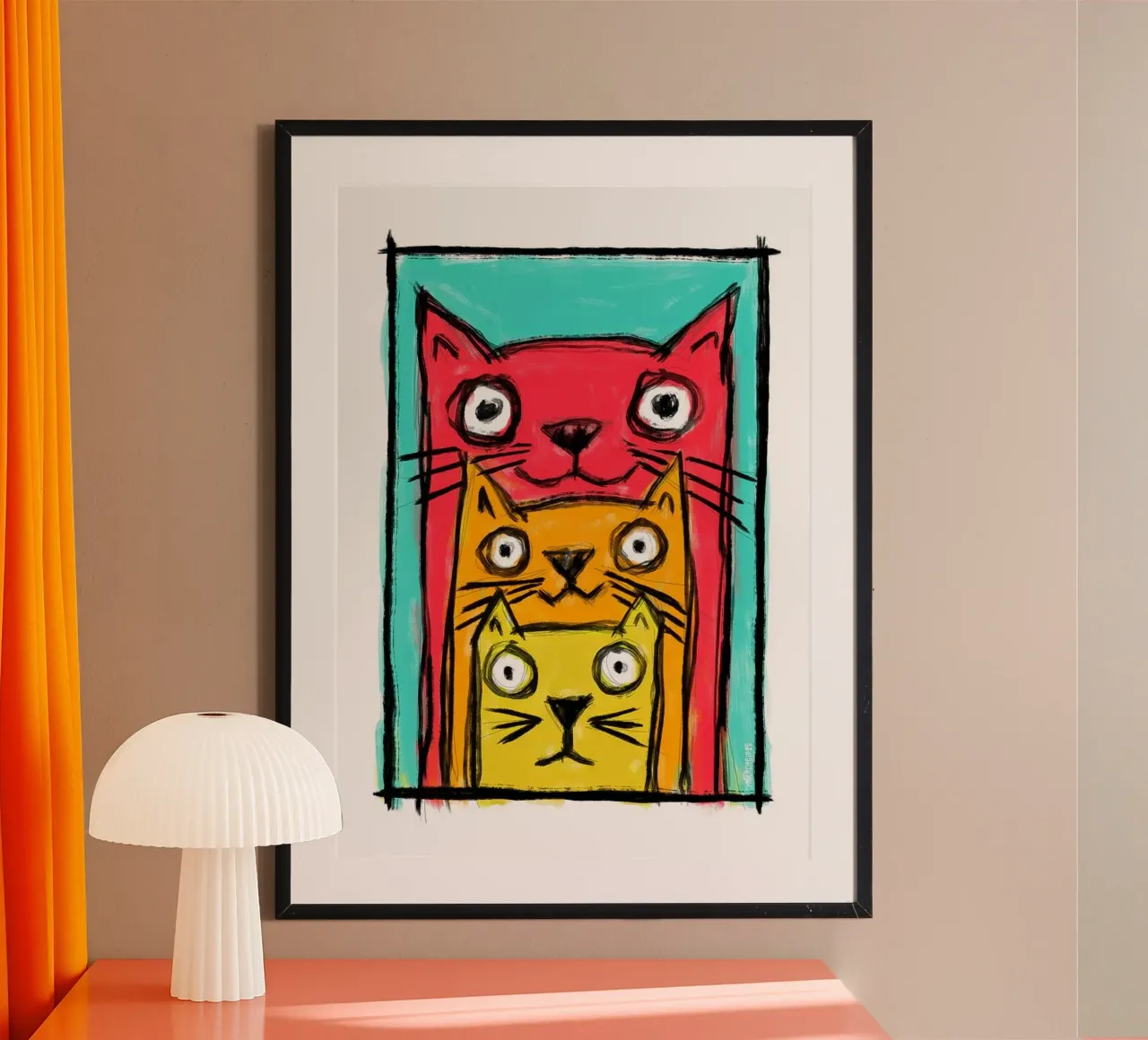 Colorful Cats poster with wooden frame by marchelo