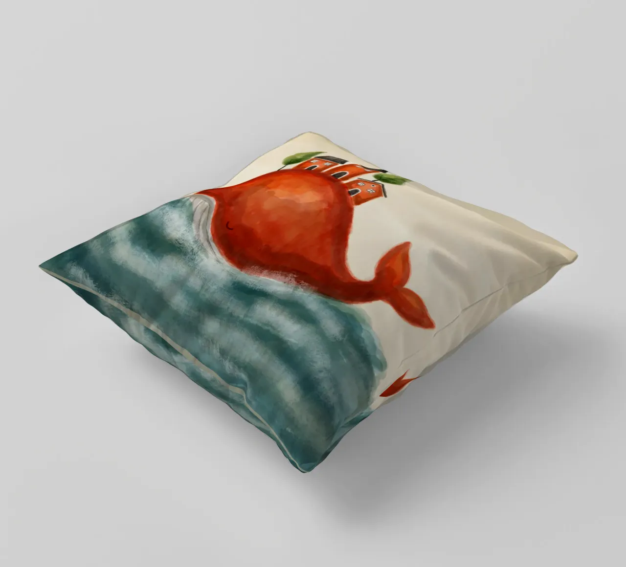 The Red Whale and Its Village cuscino da Indigo Rain