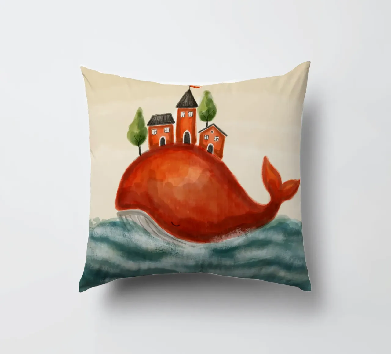 The Red Whale and Its Village cuscino da Indigo Rain