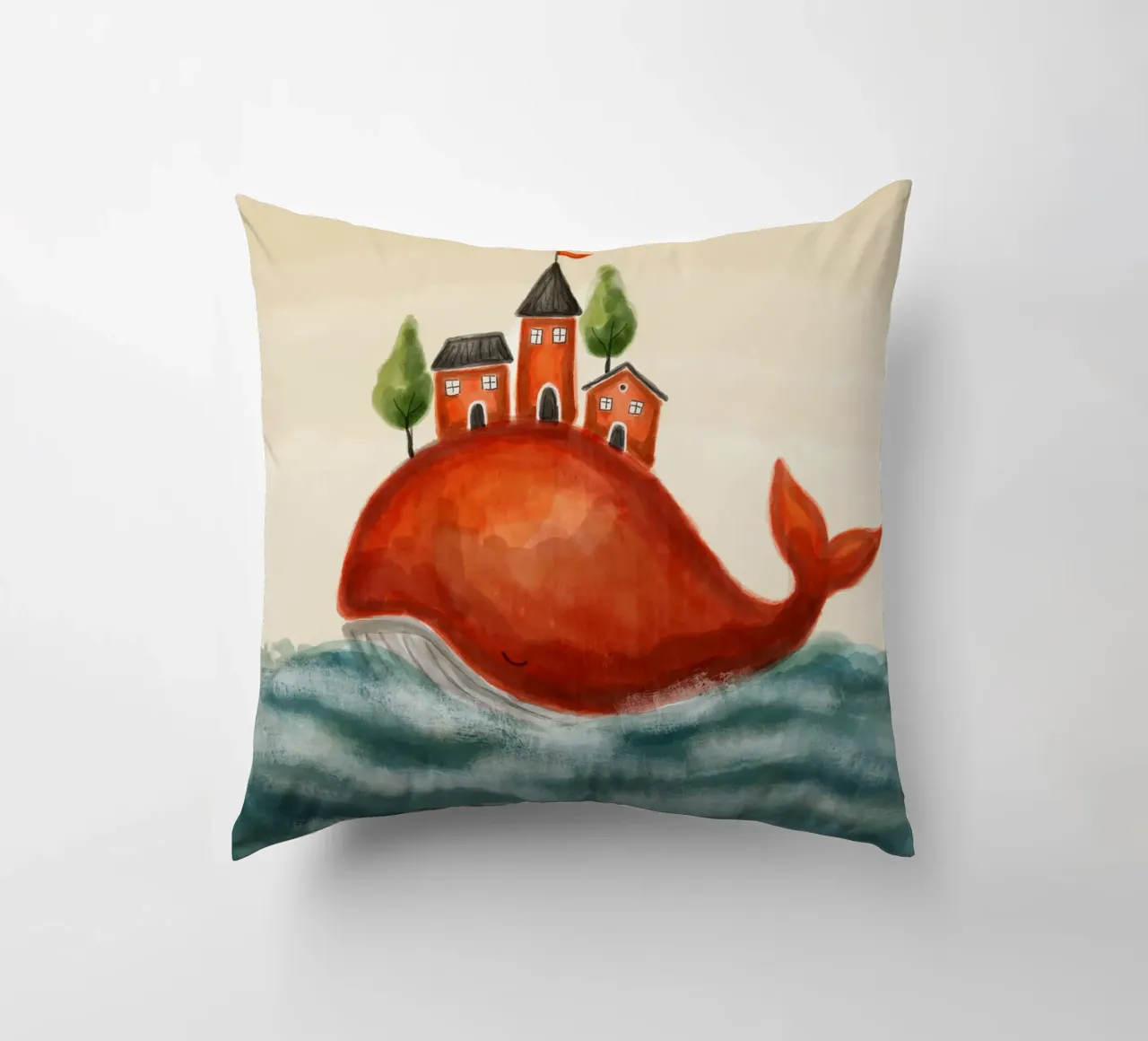 The Red Whale and Its Village cuscino da Indigo Rain