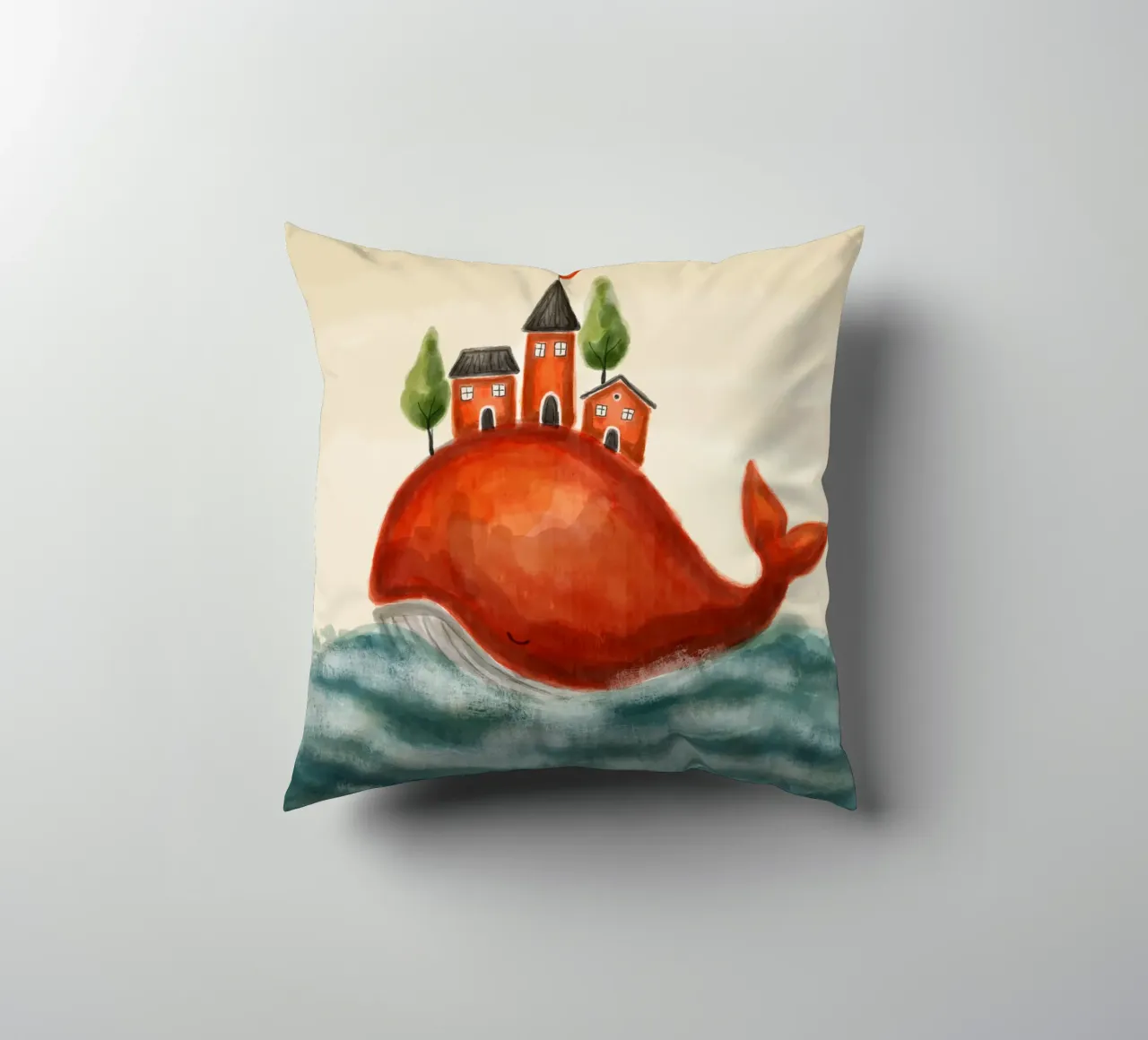 The Red Whale and Its Village cuscino da Indigo Rain