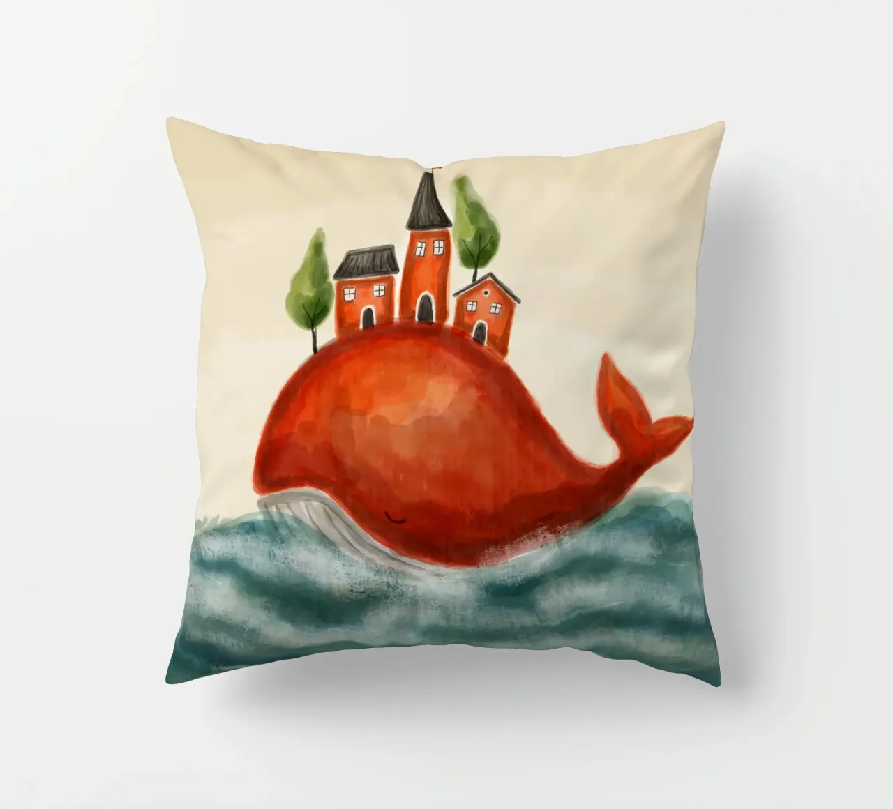 The Red Whale and Its Village cuscino da Indigo Rain