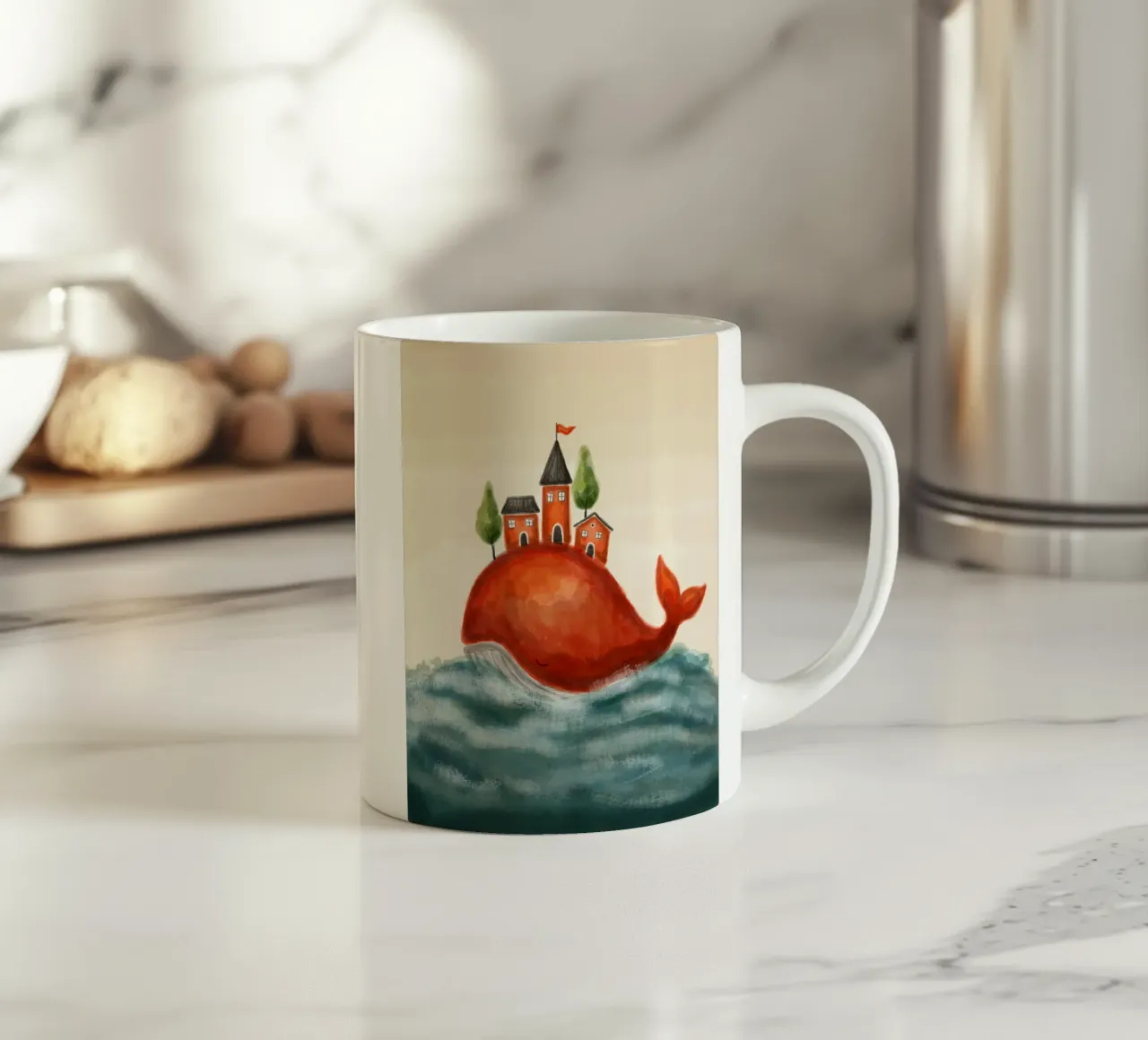 The Red Whale and Its Village tazza in ceramica da Indigo Rain