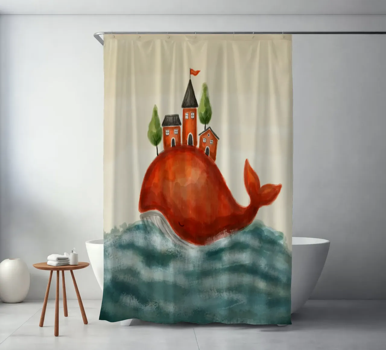 The Red Whale and Its Village shower curtain by Indigo Rain