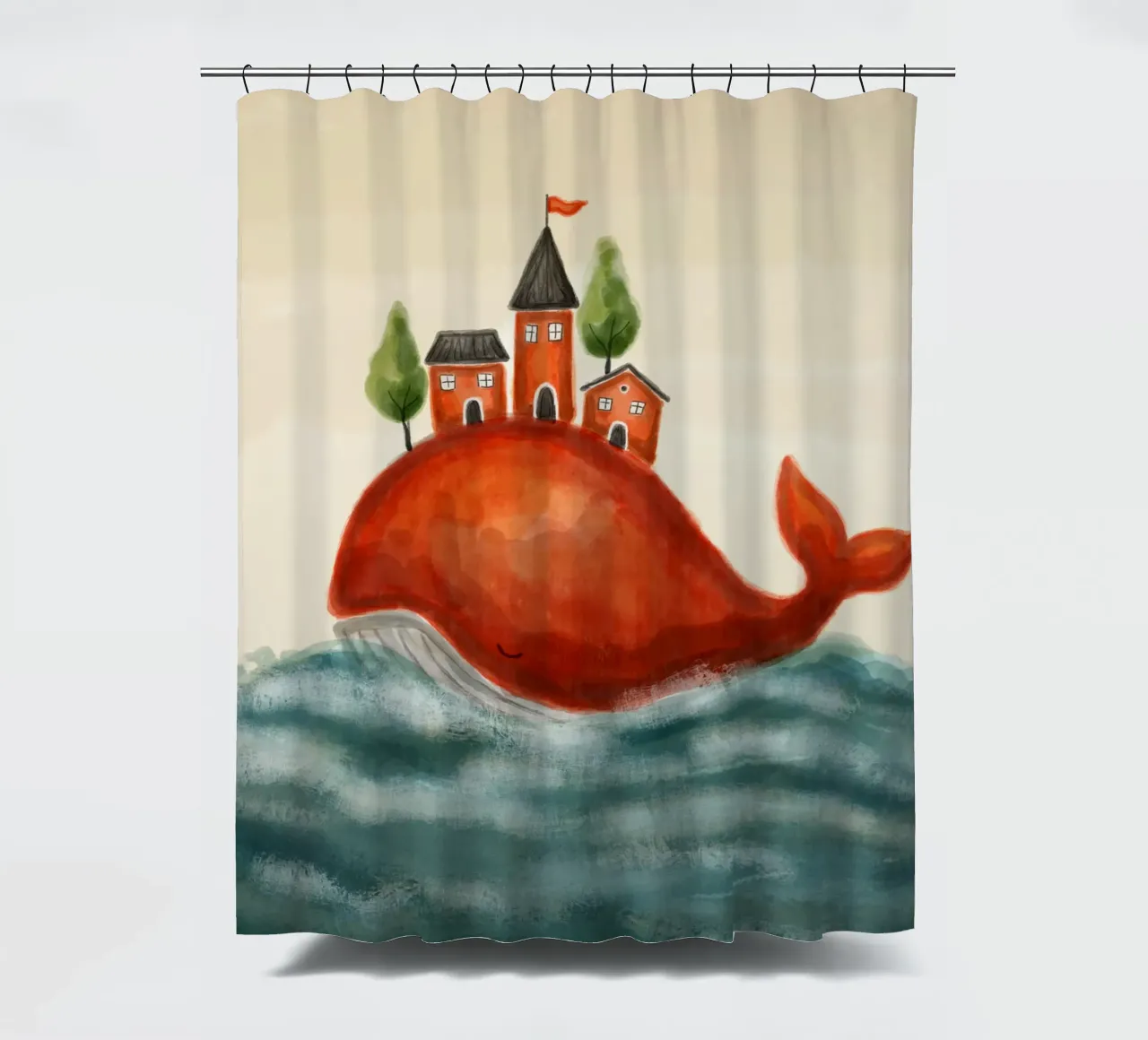 The Red Whale and Its Village shower curtain by Indigo Rain