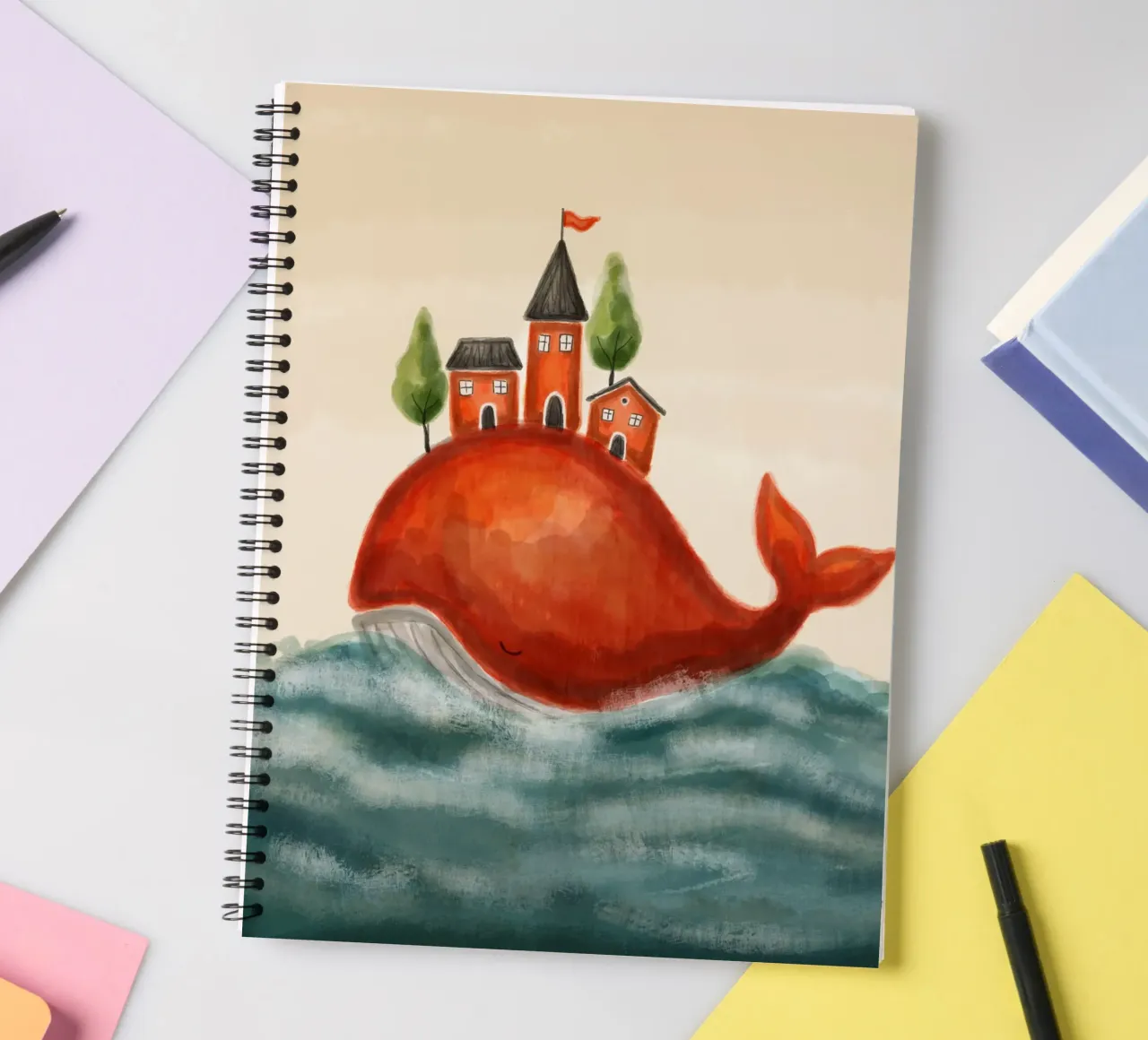 The Red Whale and Its Village spiral notebook by Indigo Rain