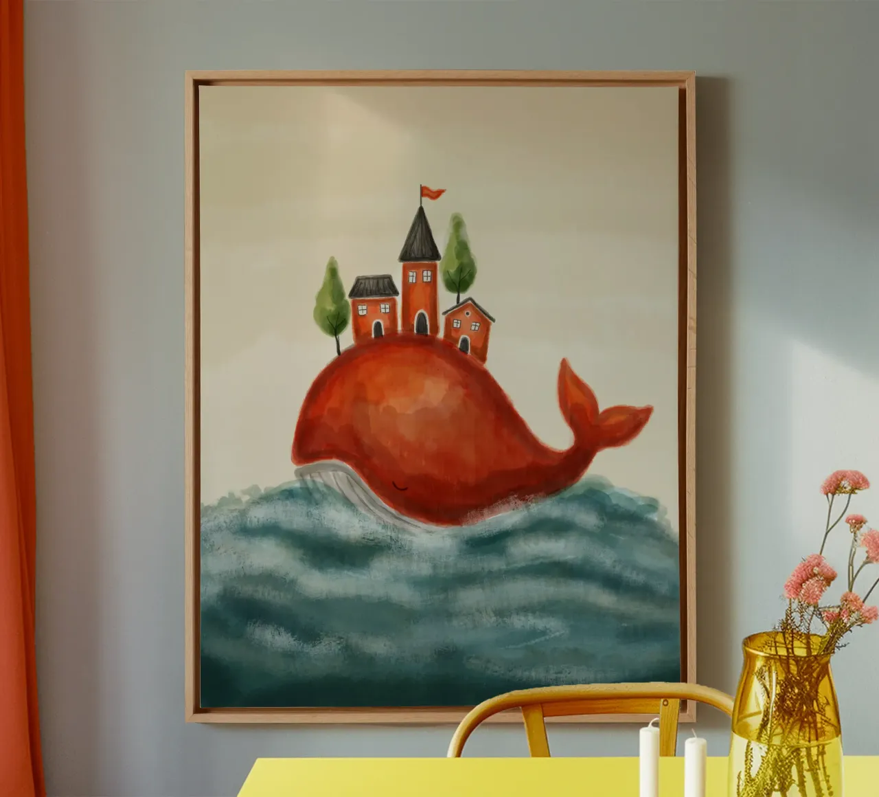 The Red Whale and Its Village tela con Cornice a cassetta da Indigo Rain