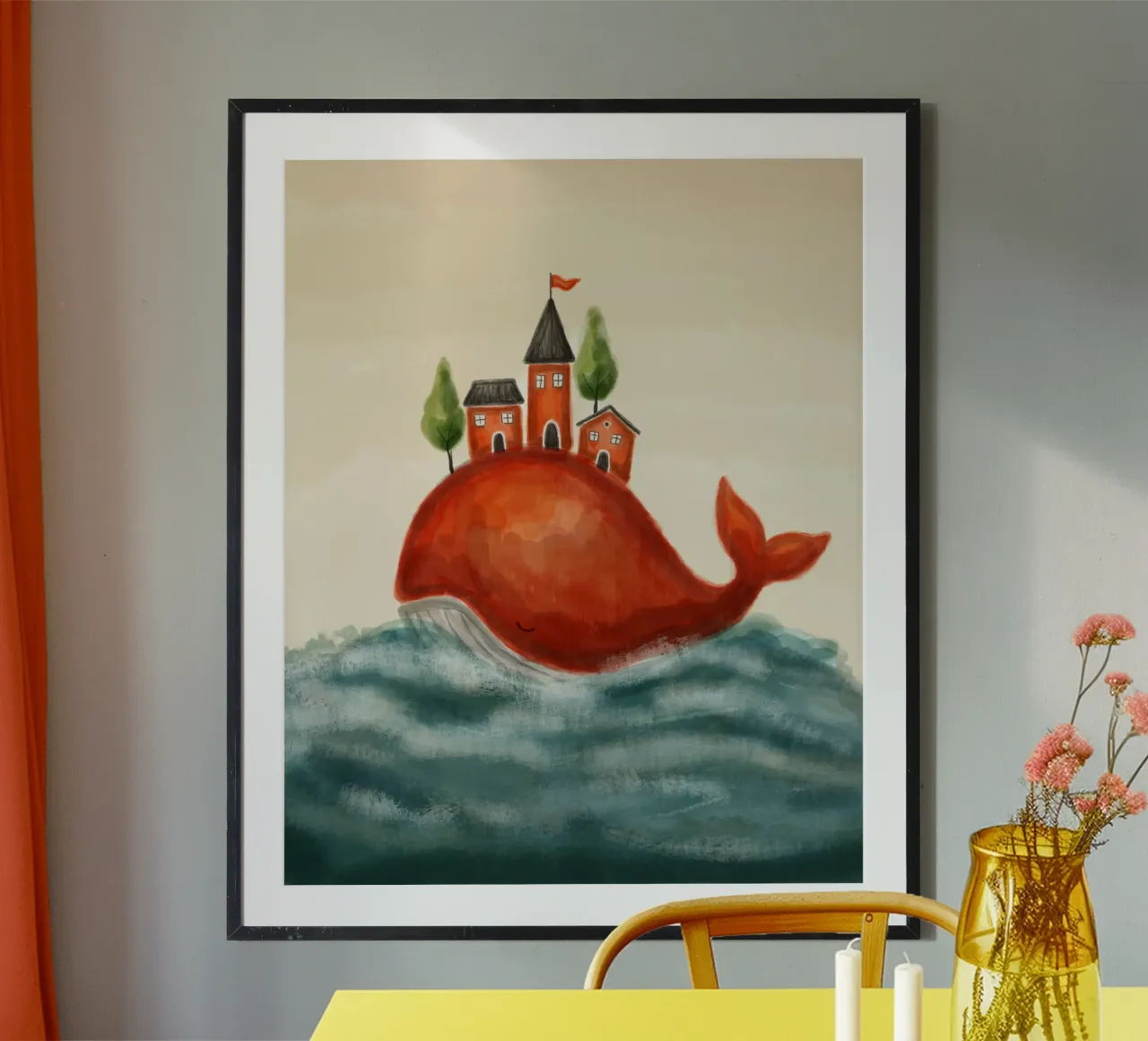 The Red Whale and Its Village carta hahnemühle da Indigo Rain