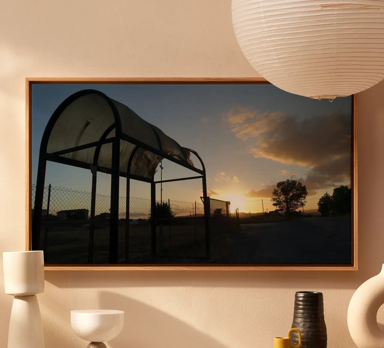Sunset on the bus stop canvas with Floater frame by Massimo Frascogna